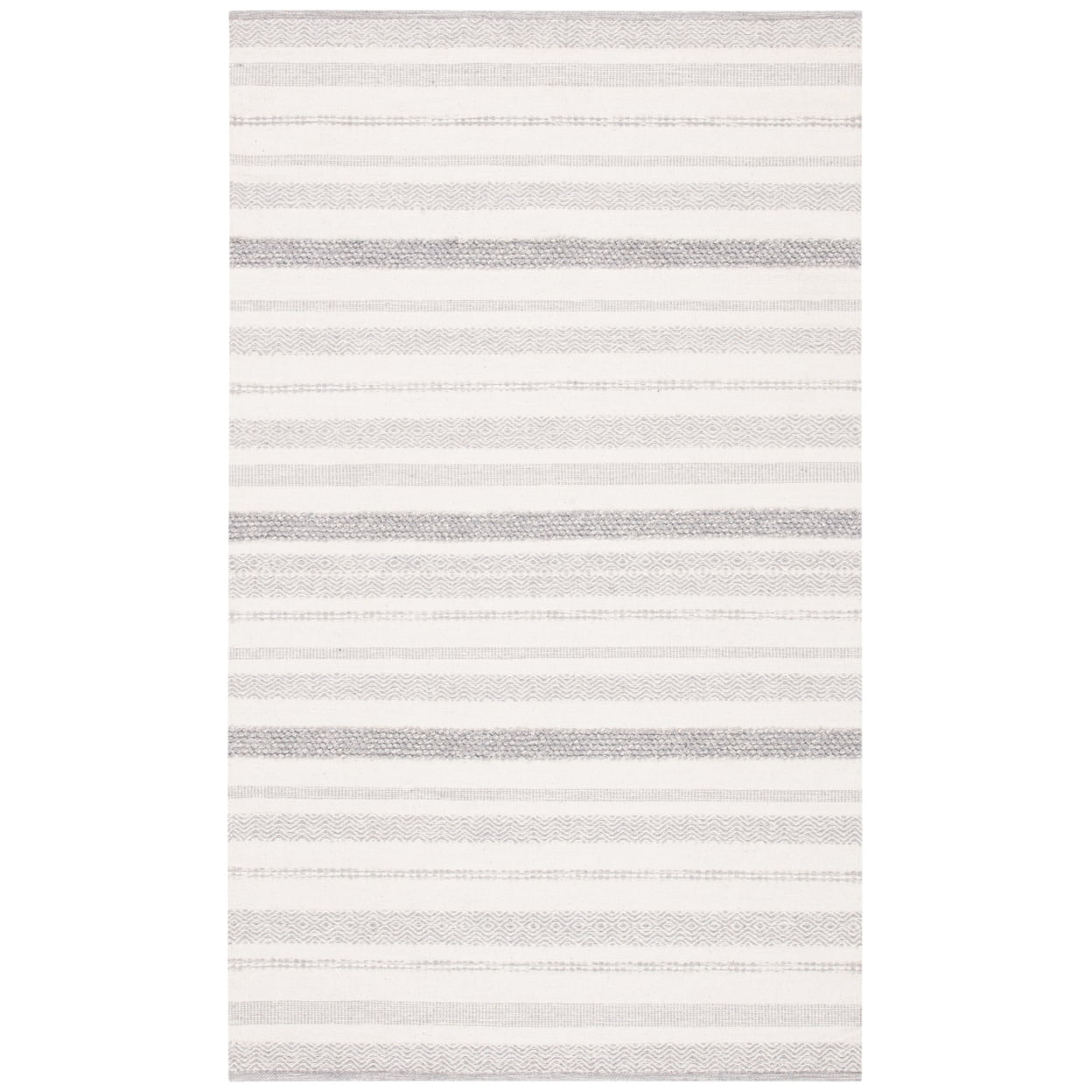 Ivory and Grey Striped 9' x 12' Wool Cotton Area Rug