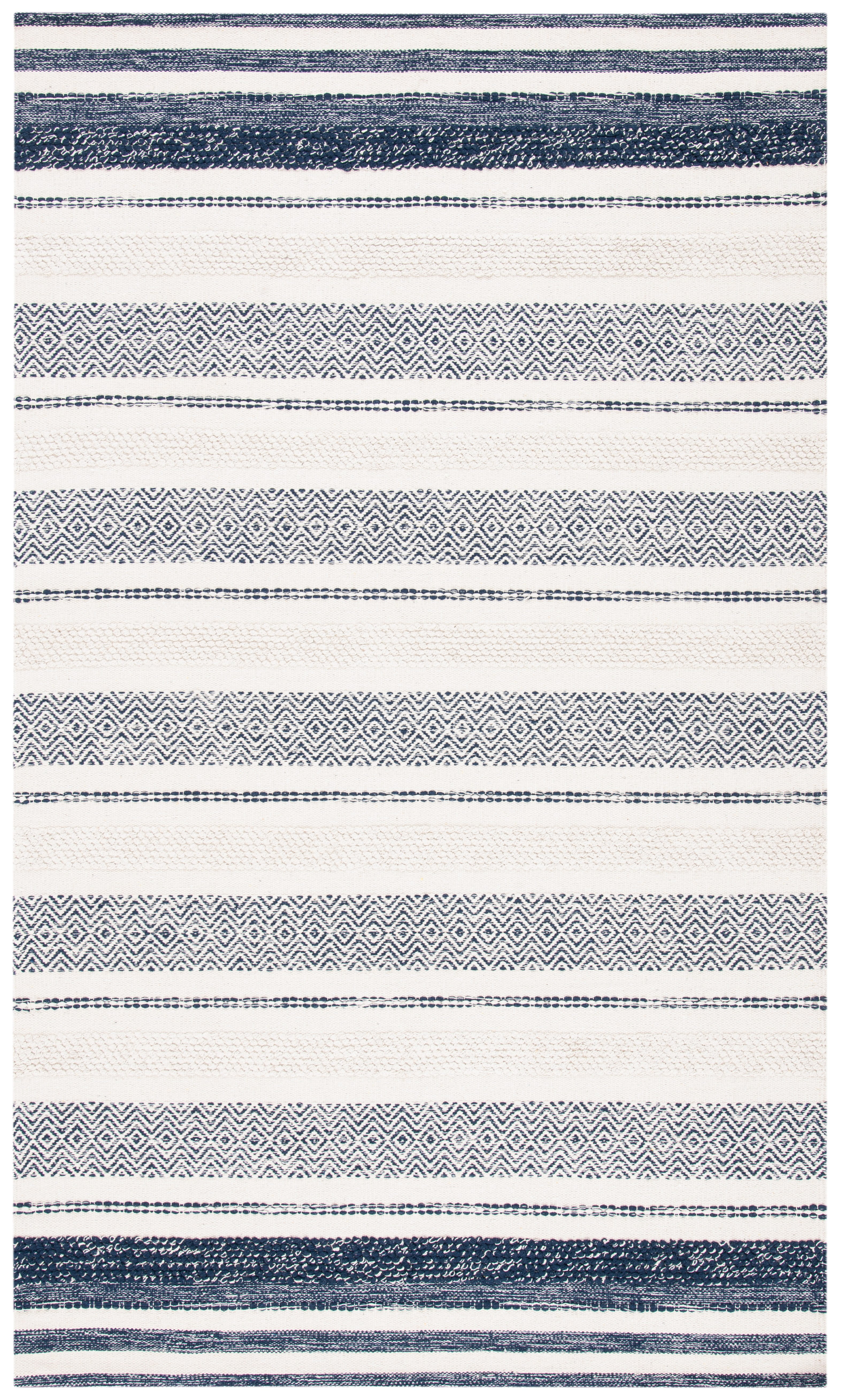 Ivory and Navy Handwoven Wool-Cotton Blend 6' x 9' Kilim Stripe Rug