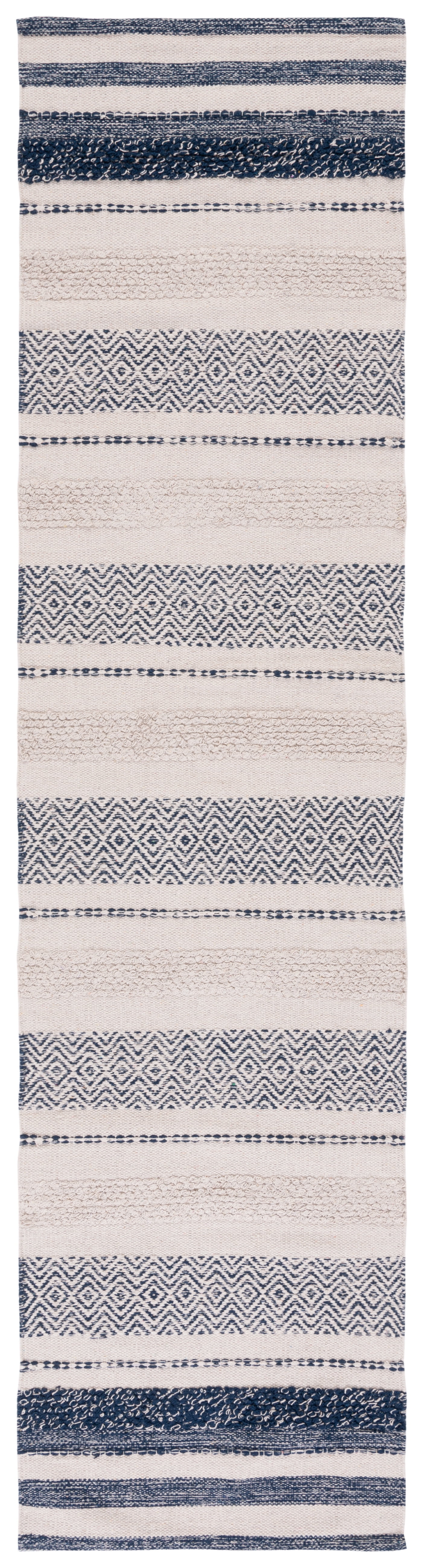 Ivory and Navy Striped Kilim Flat Woven Wool Rug