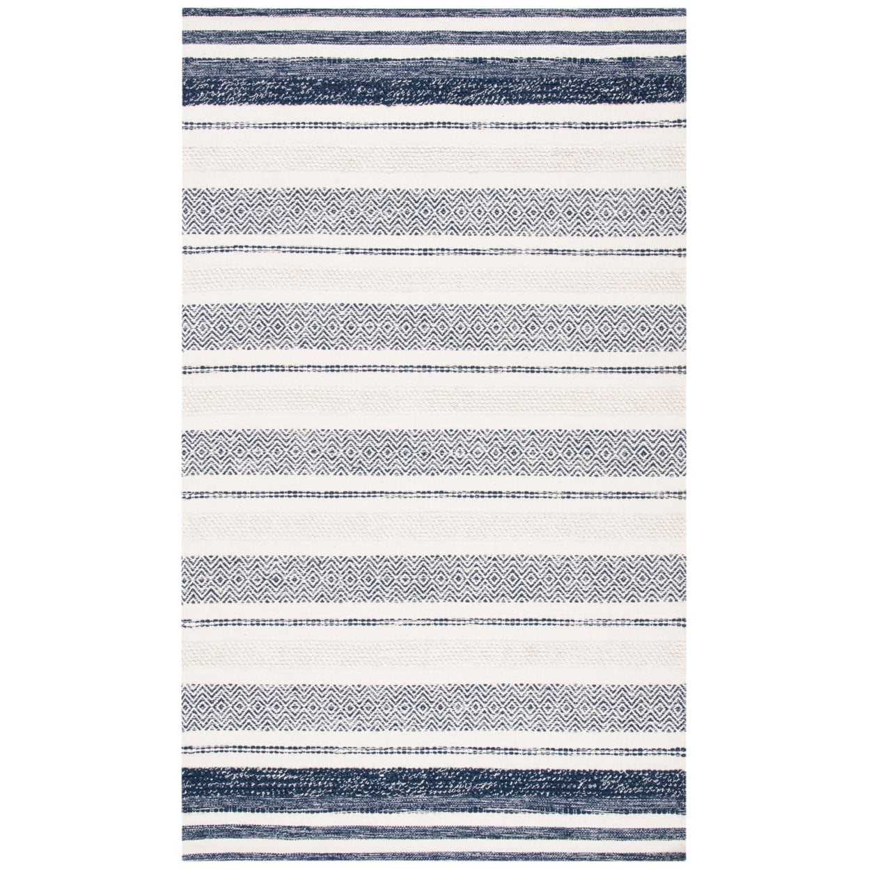 Ivory and Navy Handwoven Wool-Cotton Blend 6' x 9' Kilim Stripe Rug