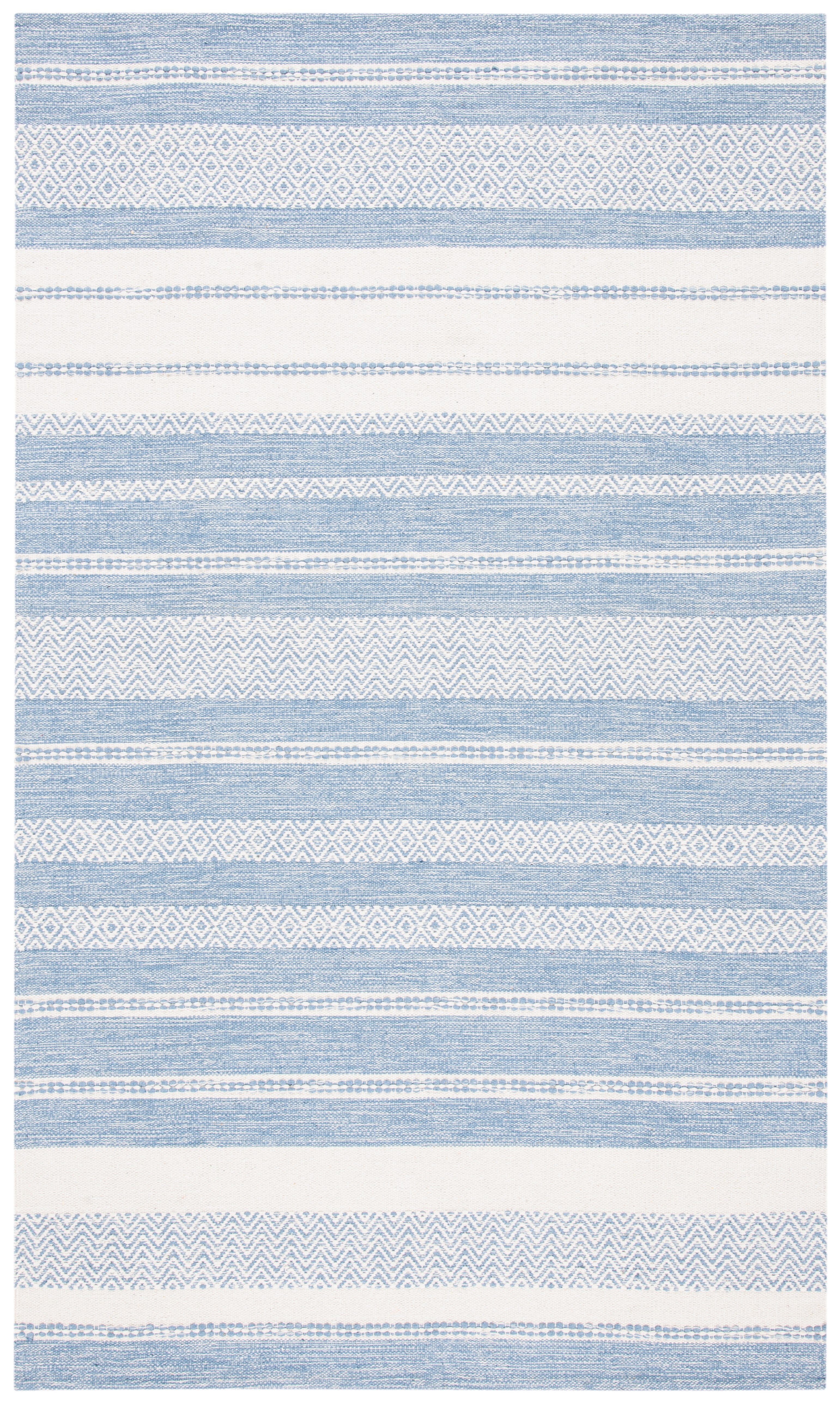 Ivory and Blue Striped Kilim 8' x 10' Handwoven Wool-Cotton Rug