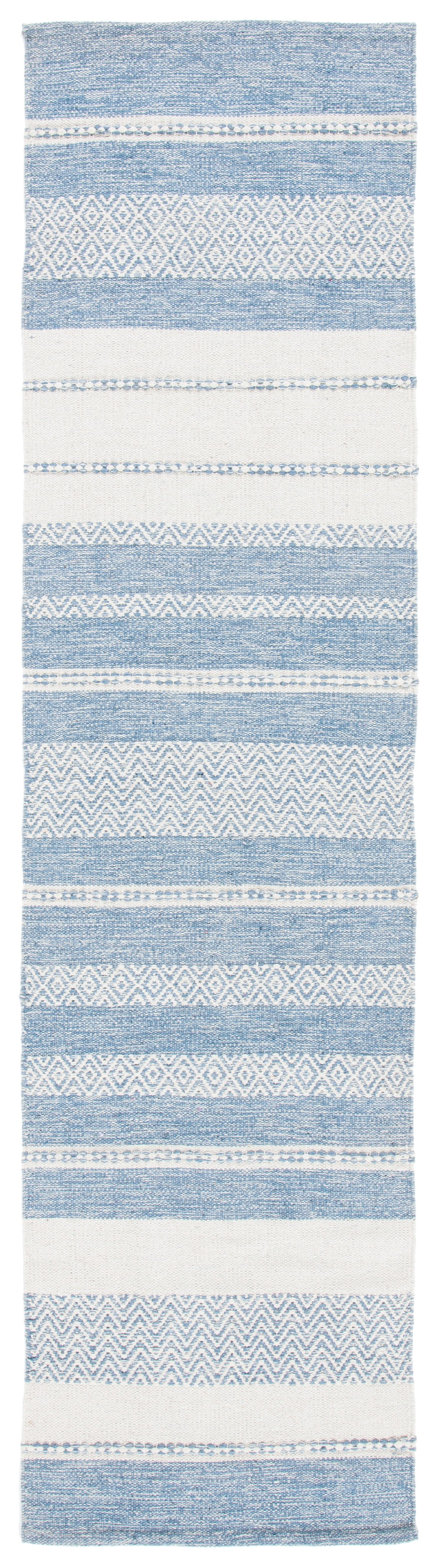 Ivory and Blue Handwoven Kilim Stripe Wool-Cotton Rug - 27in x 9in