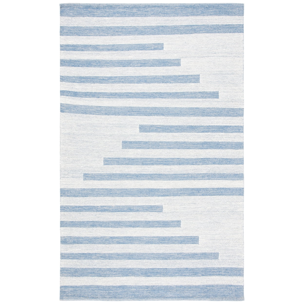 Ivory and Blue Striped Wool Cotton 4' x 6' Area Rug