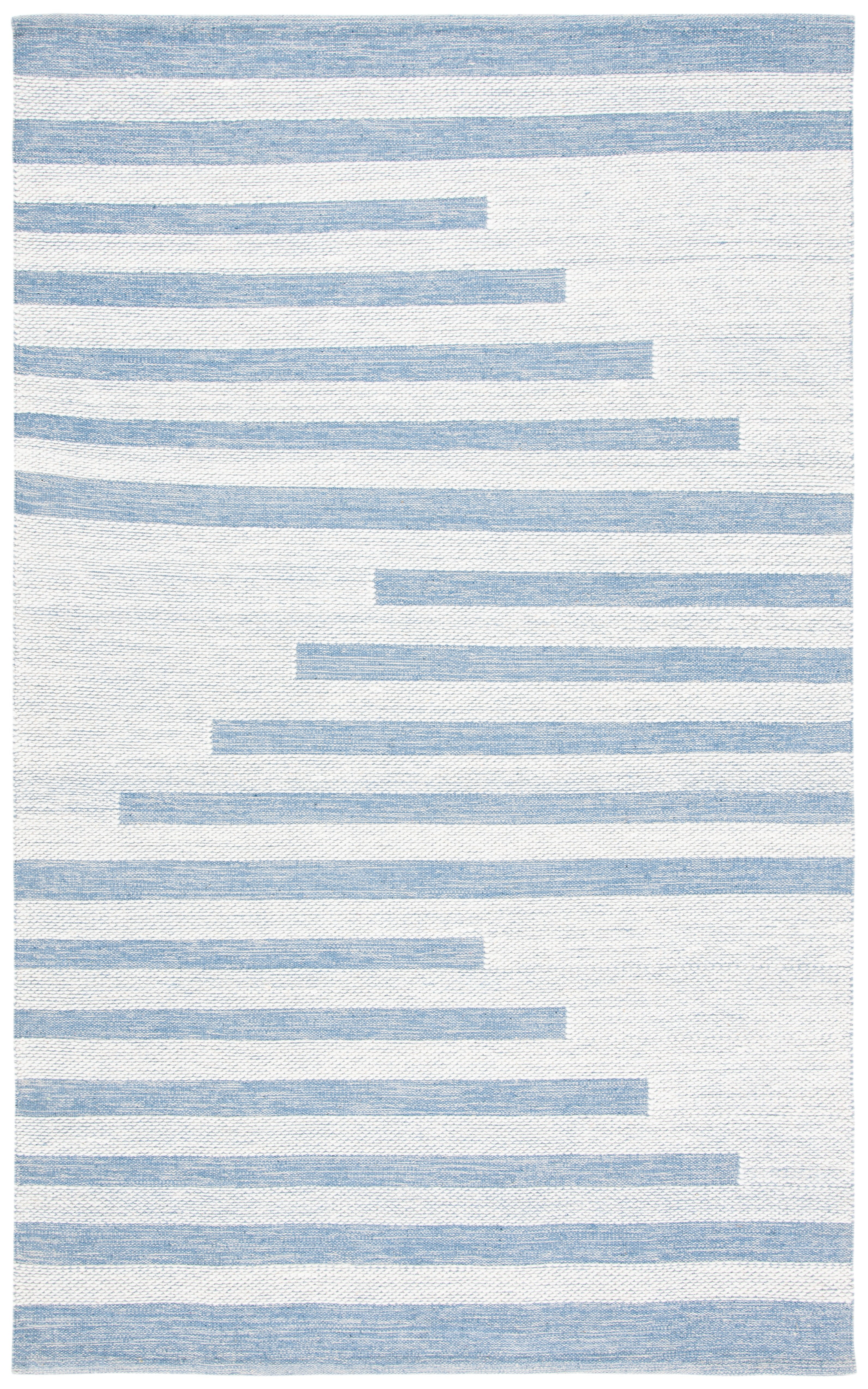 Ivory and Blue Striped Wool Cotton 4' x 6' Area Rug