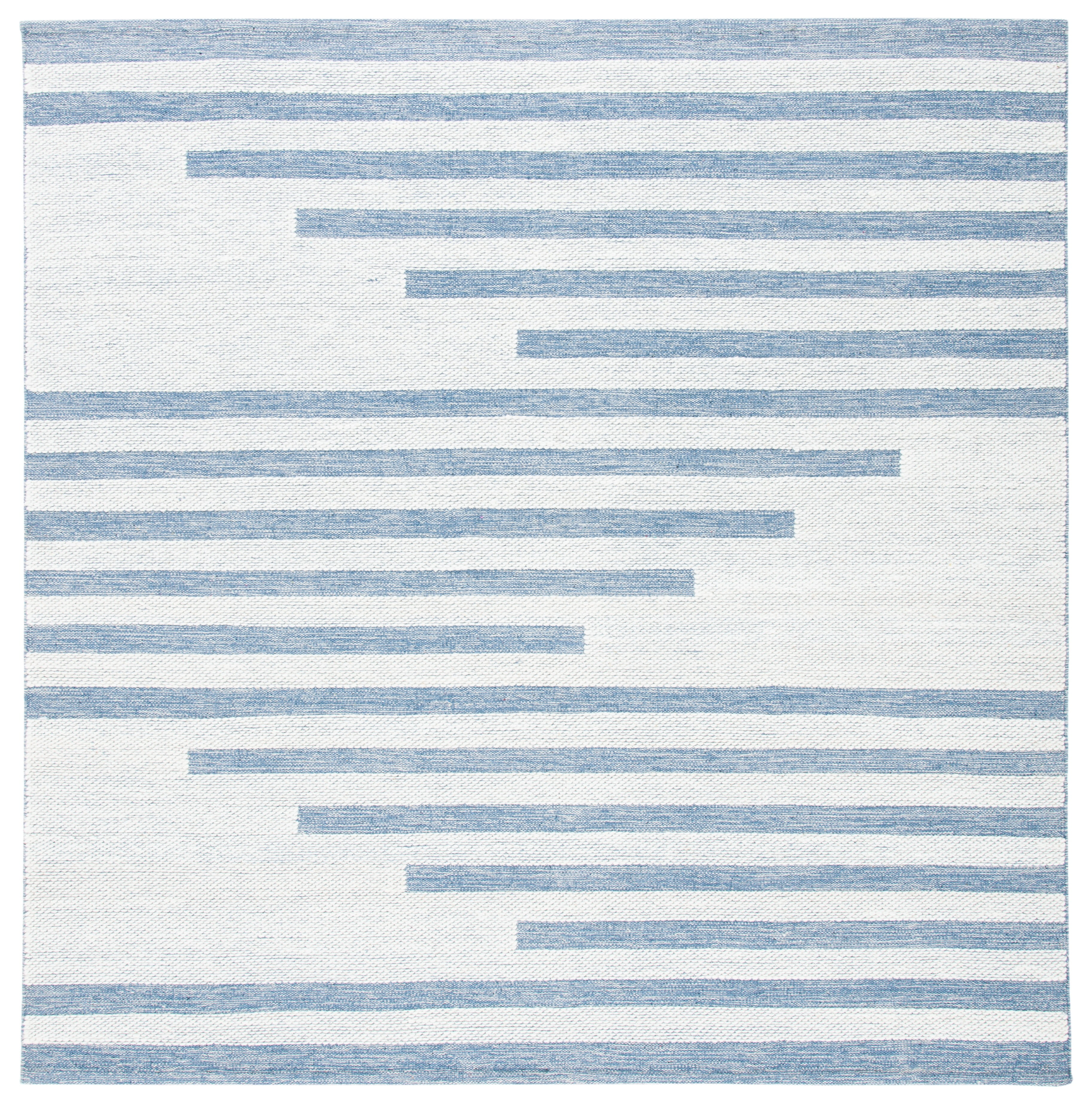 Ivory and Blue Handwoven Kilim Square Wool Rug - 7' x 7'