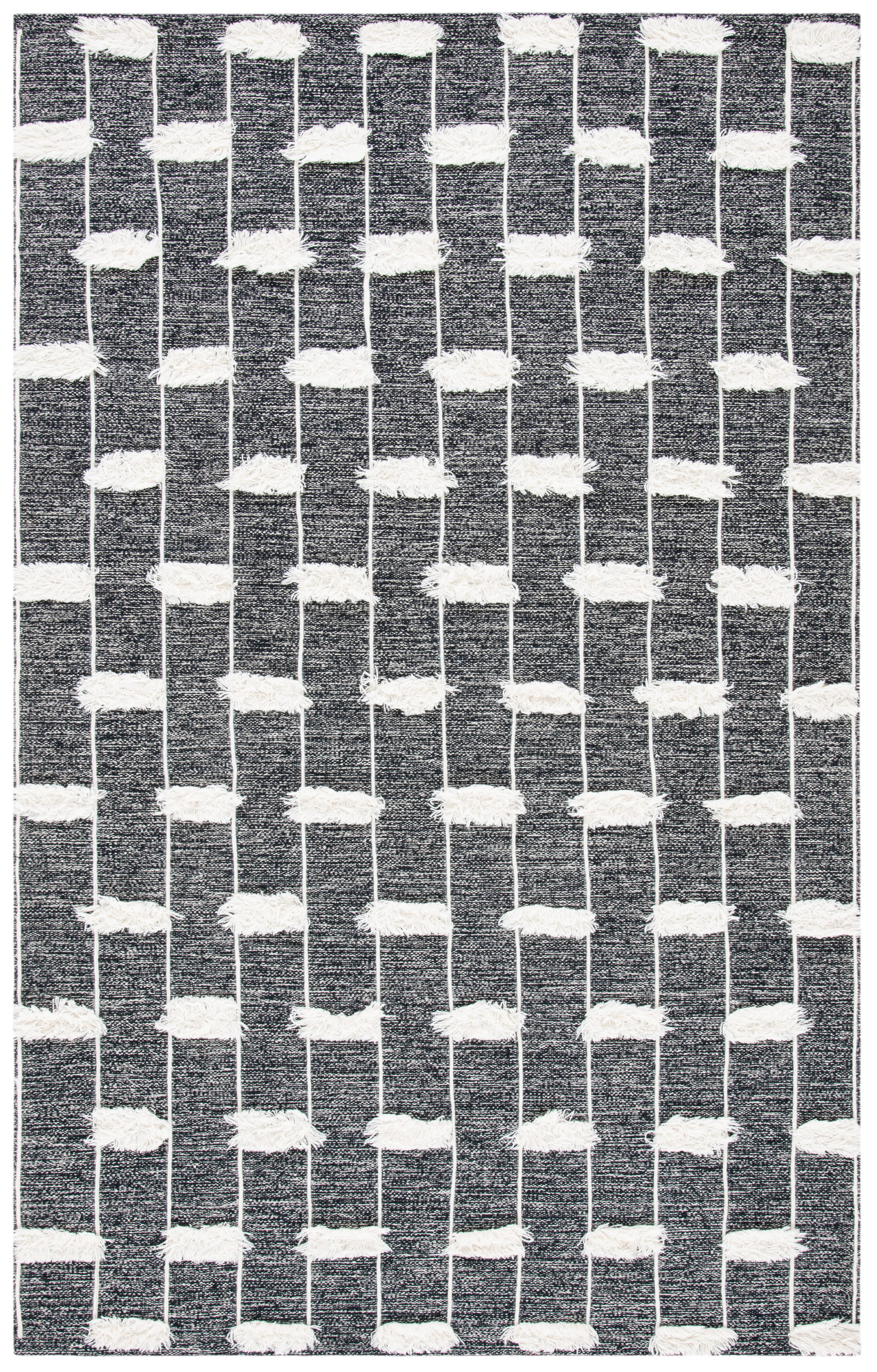 Handmade Black and Ivory Wool Cotton Striped Area Rug 8' x 10'