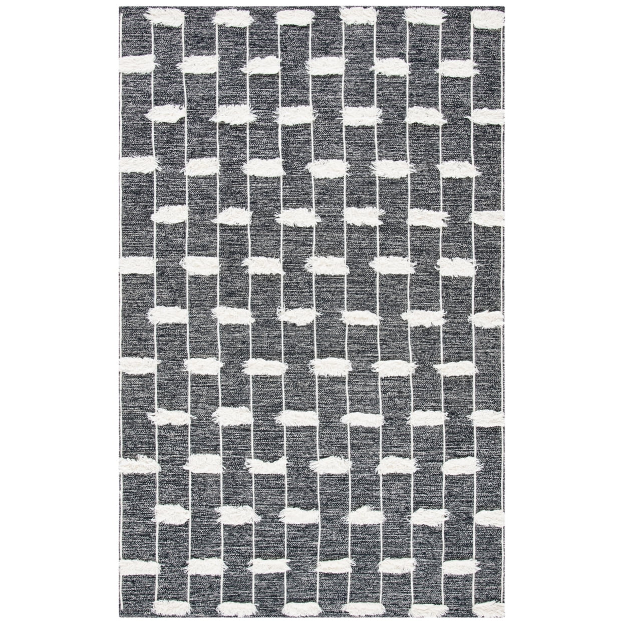 Handmade Black and Ivory Wool Cotton Striped Area Rug 8' x 10'