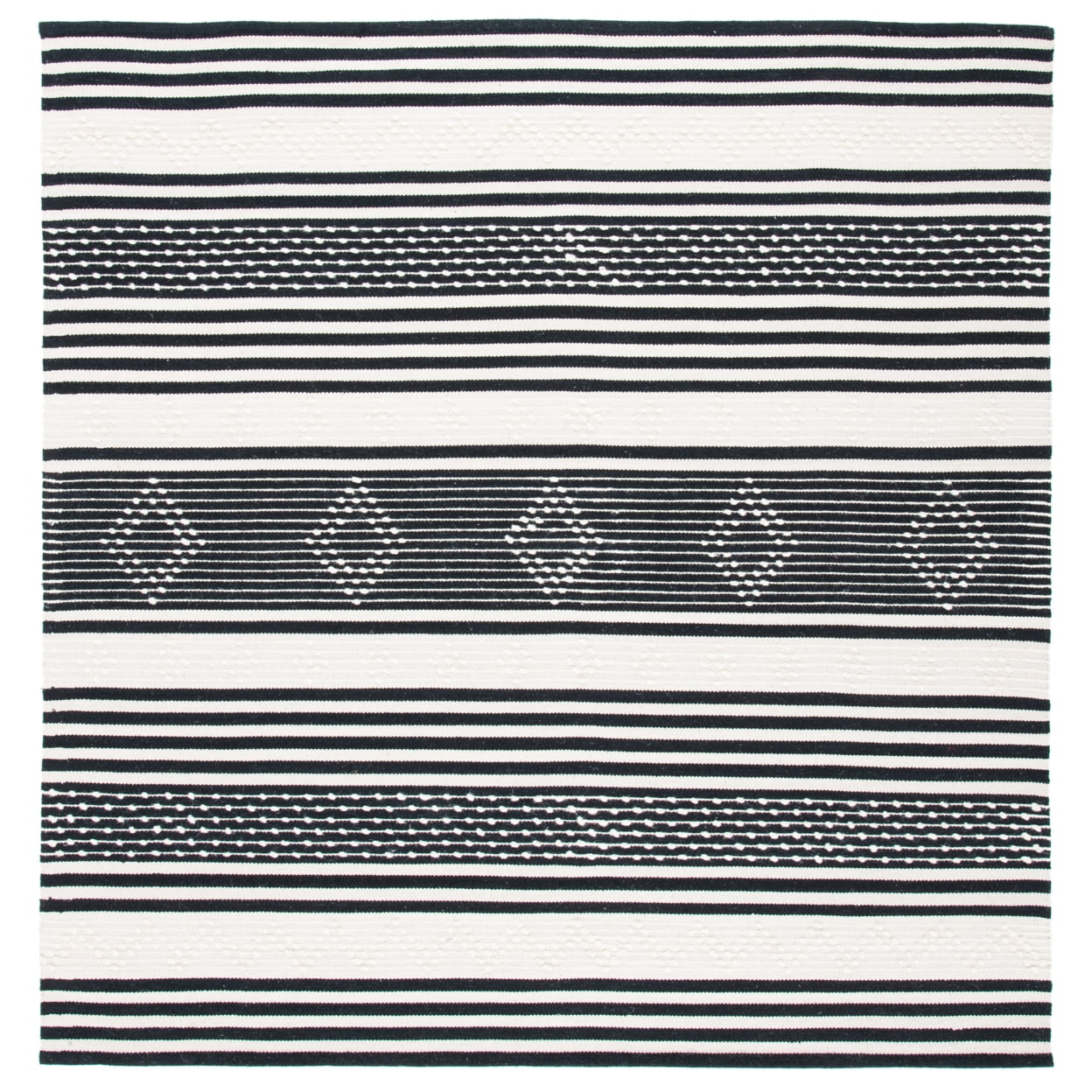 Black and Ivory Striped Wool Cotton Square Rug