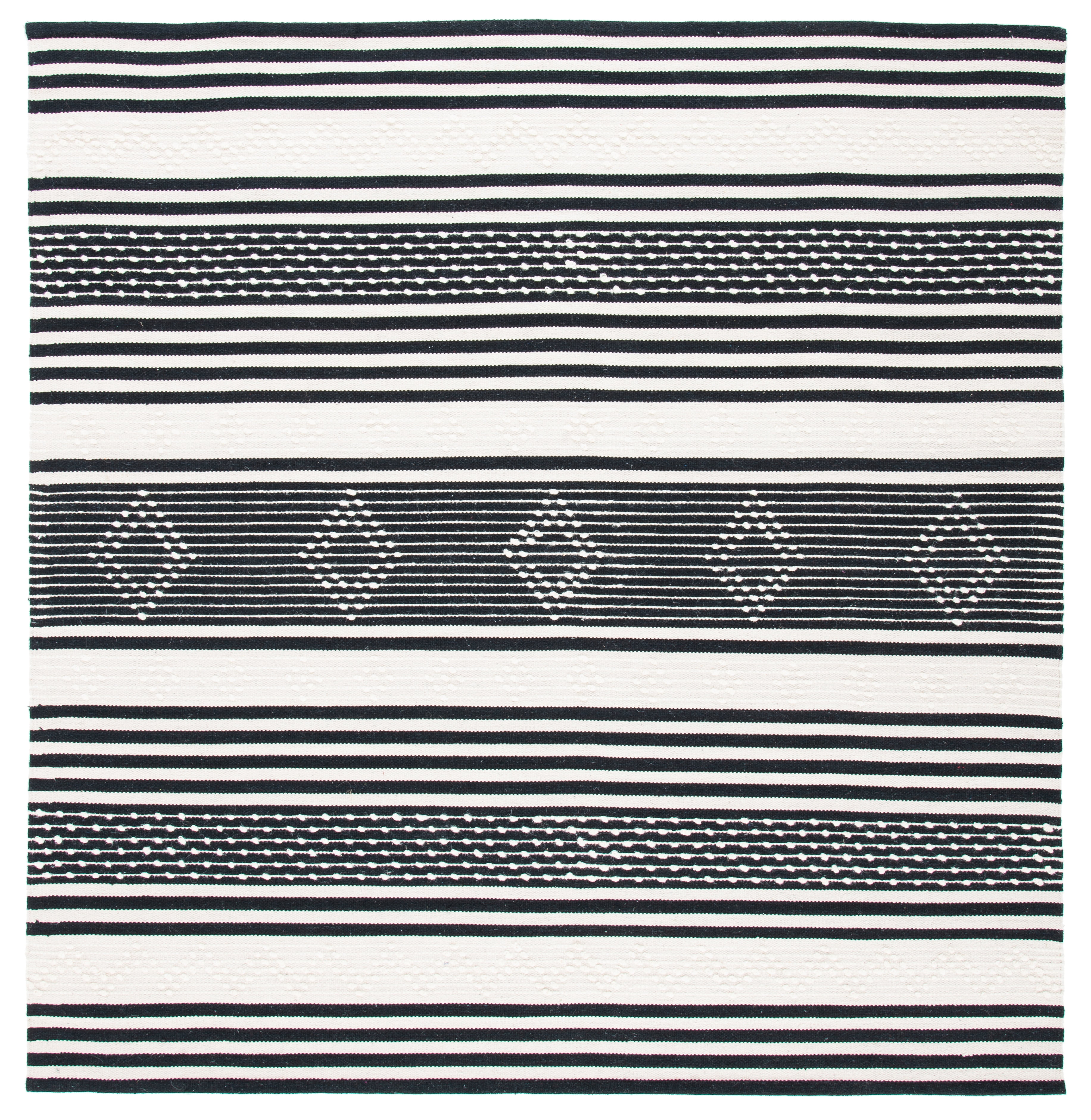Black and Ivory Striped Wool Cotton Square Rug