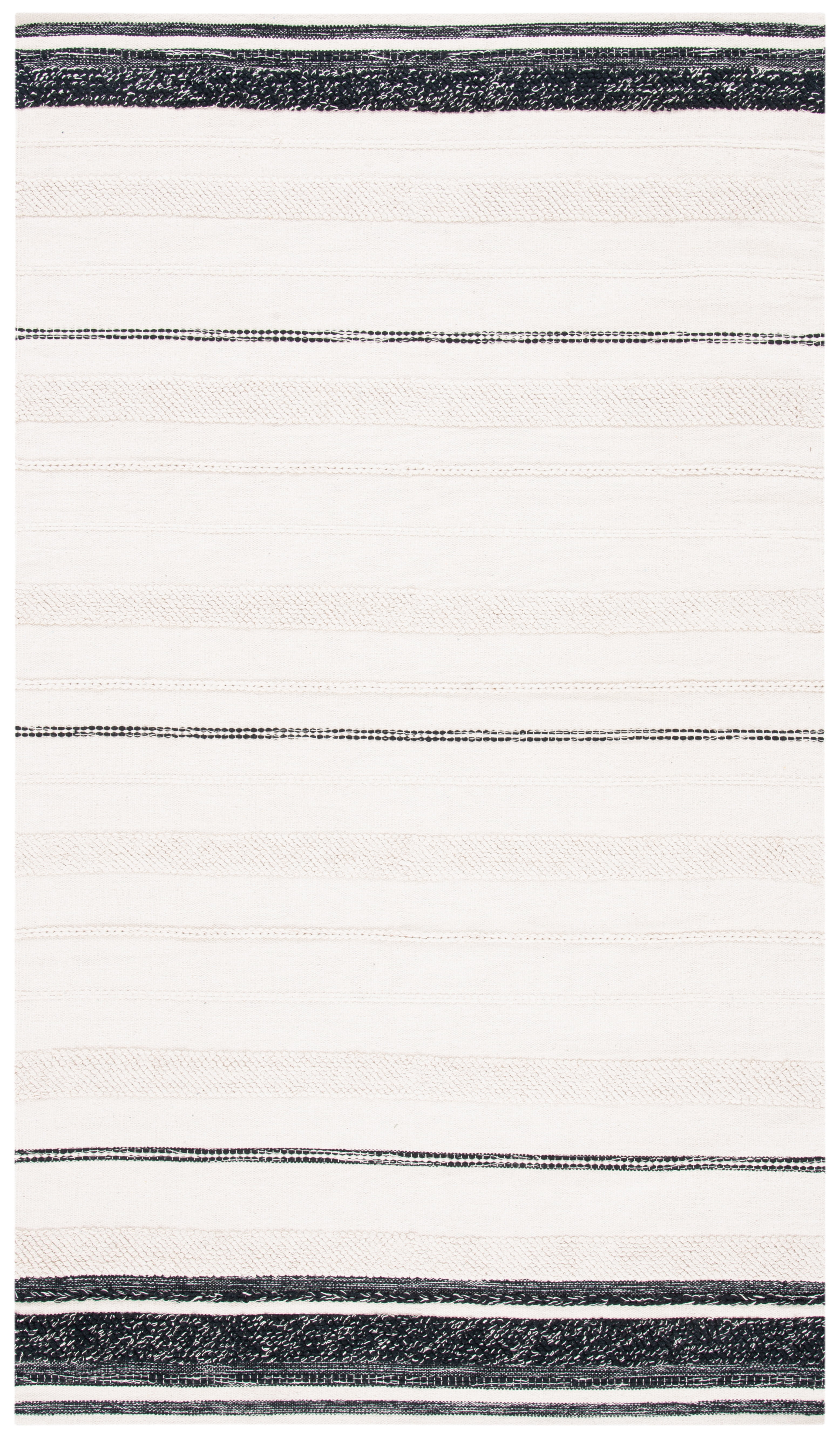 Ivory and Black Striped Kilim 3' x 5' Wool Cotton Area Rug