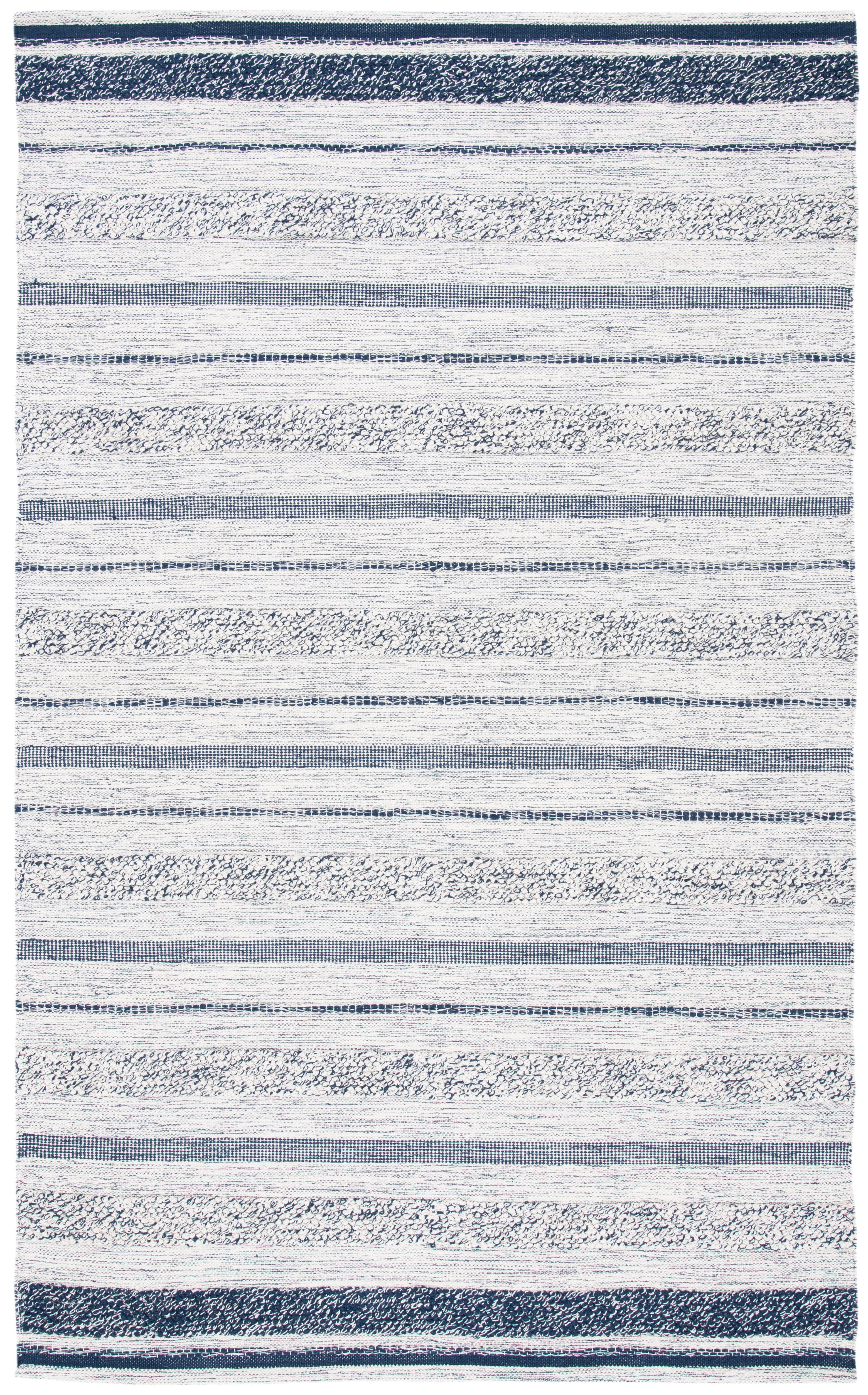 Ivory and Navy Handwoven Wool-Cotton Kilim Area Rug 59 in x 8 in