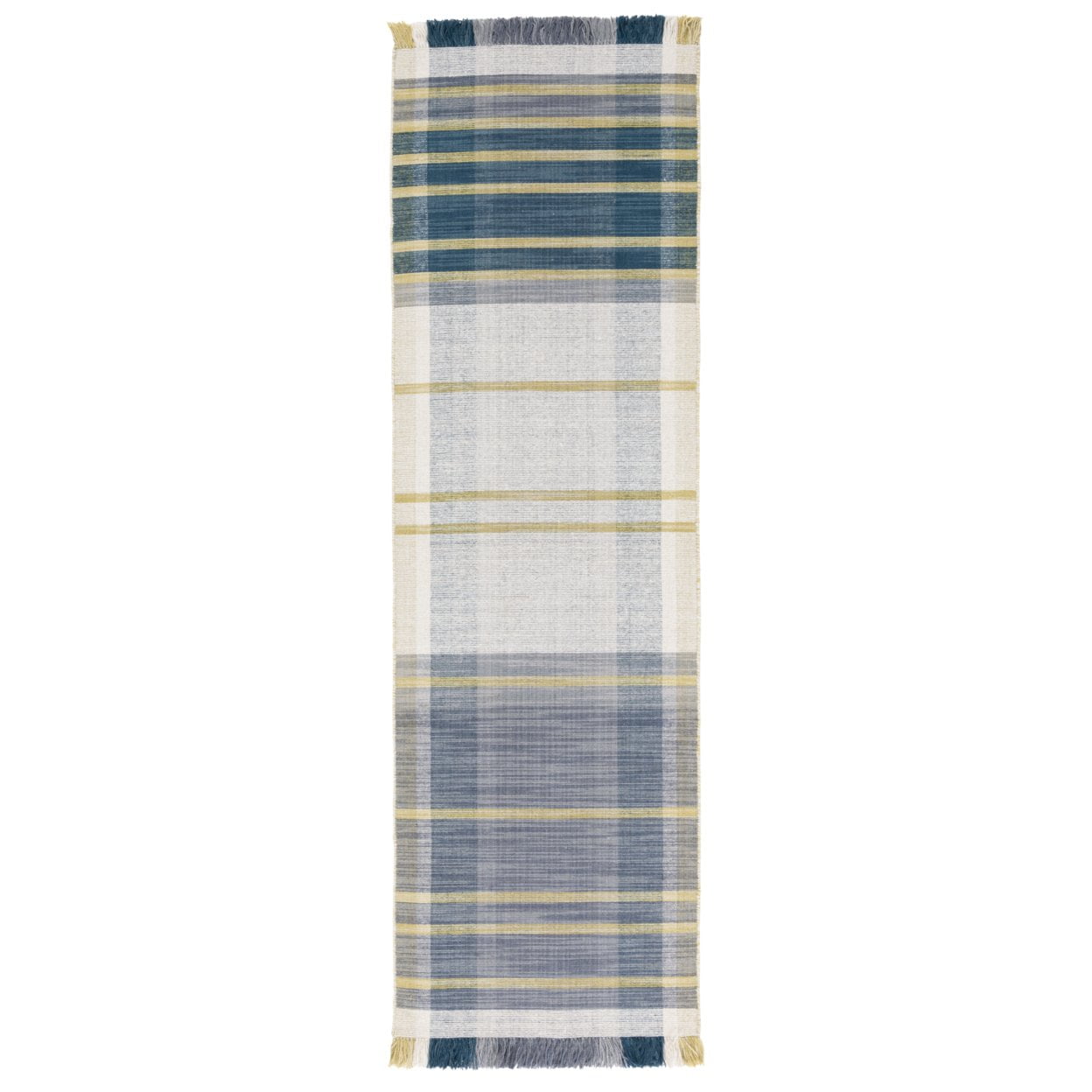 Beige and Teal Striped Wool Kilim Runner Rug