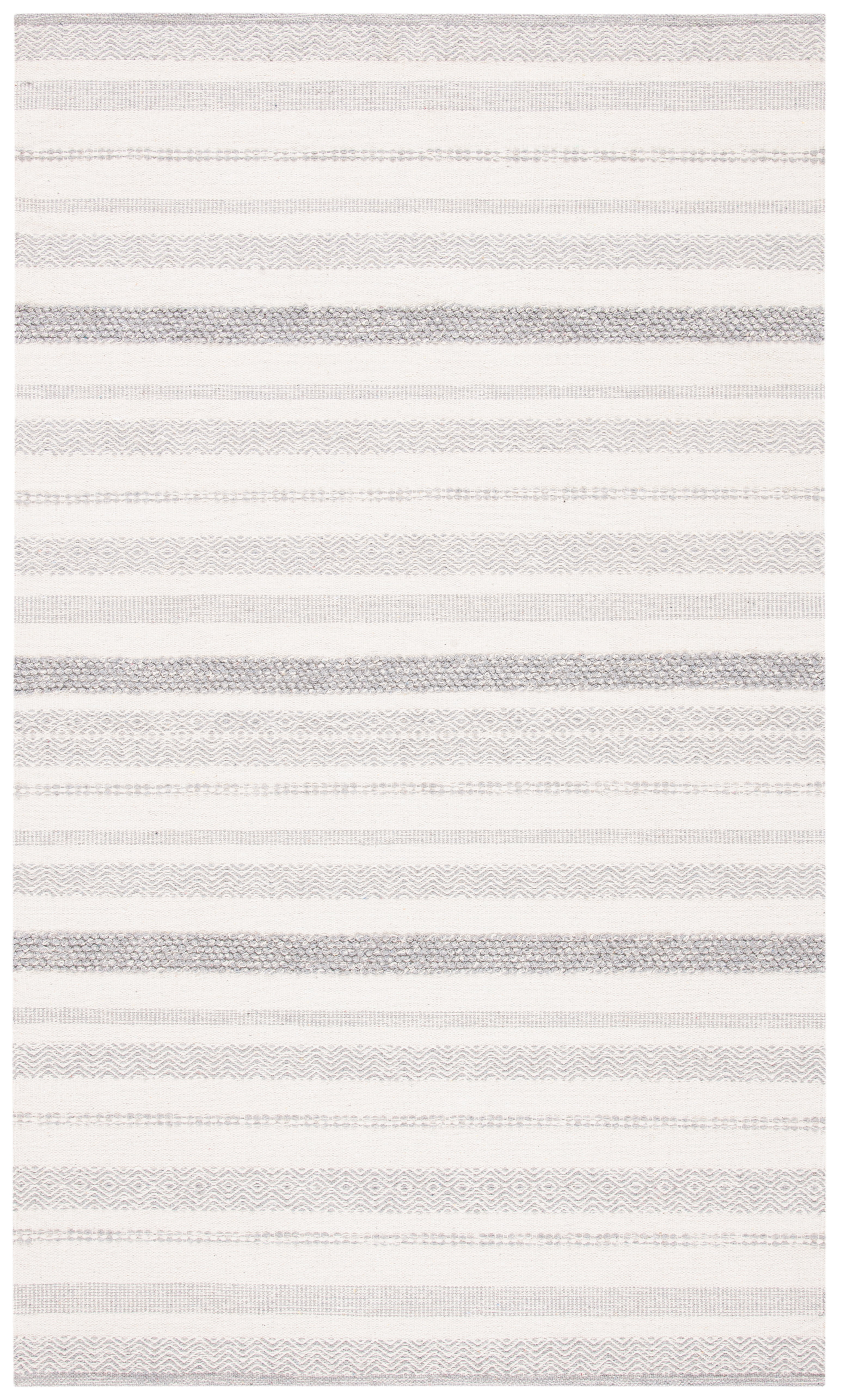 Ivory and Grey Striped 9' x 12' Wool Cotton Area Rug