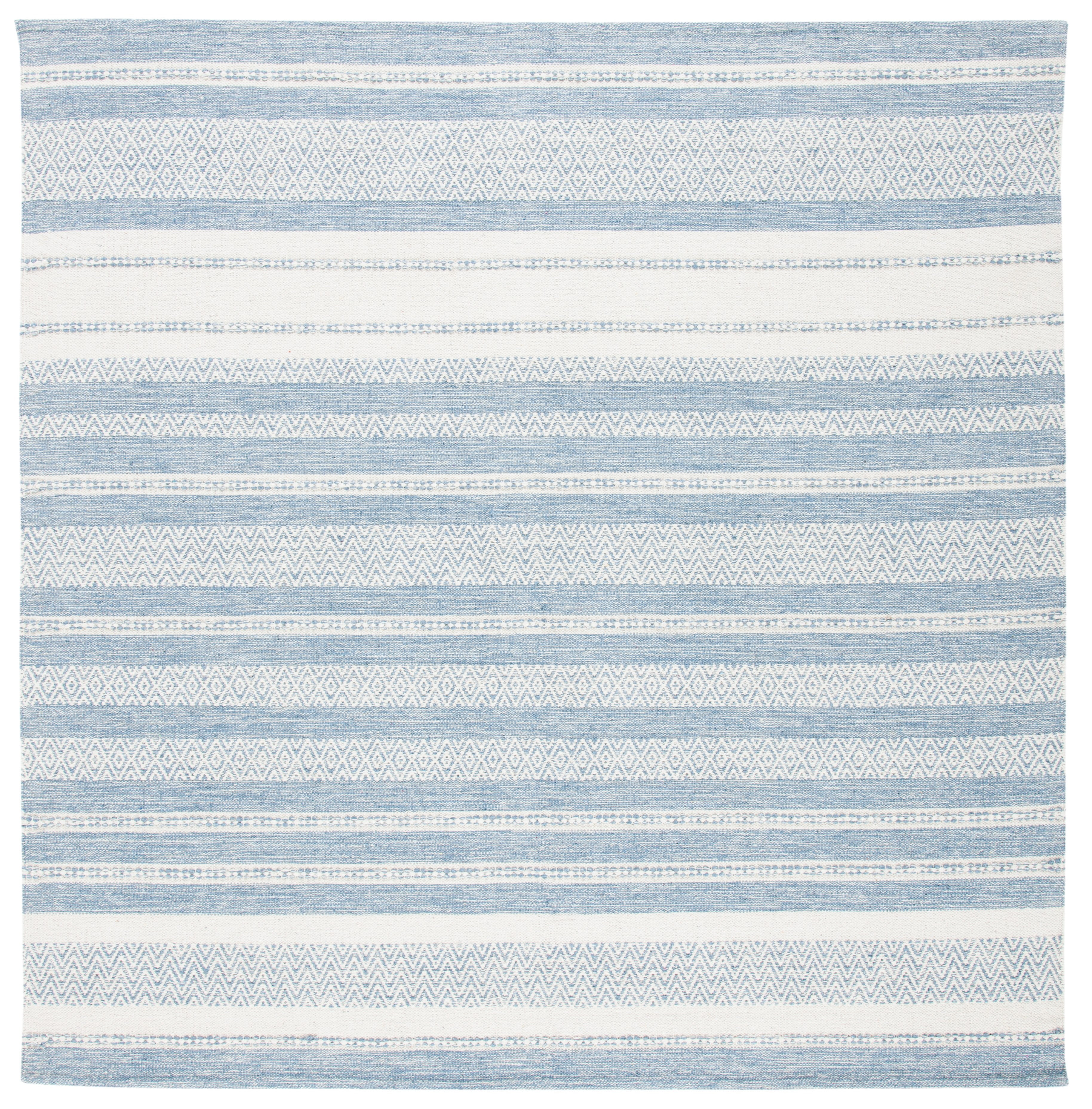 Ivory and Blue Striped Square Wool Cotton Area Rug