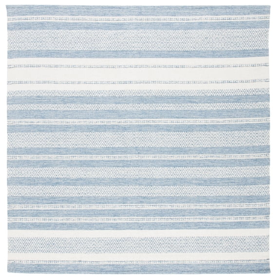 SAFAVIEH Striped Kilim Tabitha Striped Cotton Area Rug, Ivory/Blue, 7' x 7' Square