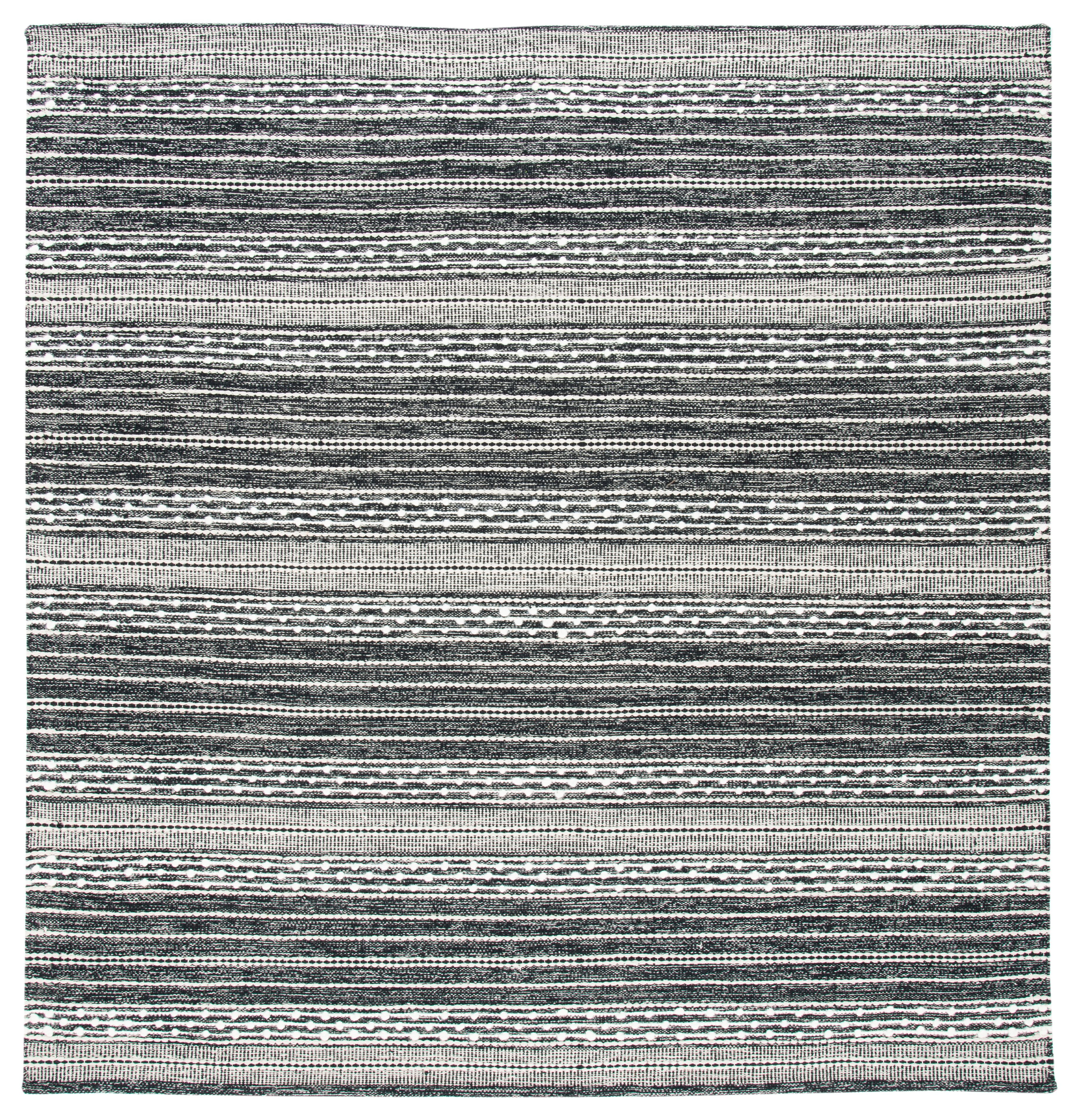 Boho-Chic Black and Ivory Striped Kilim 3' Square Wool-Cotton Rug