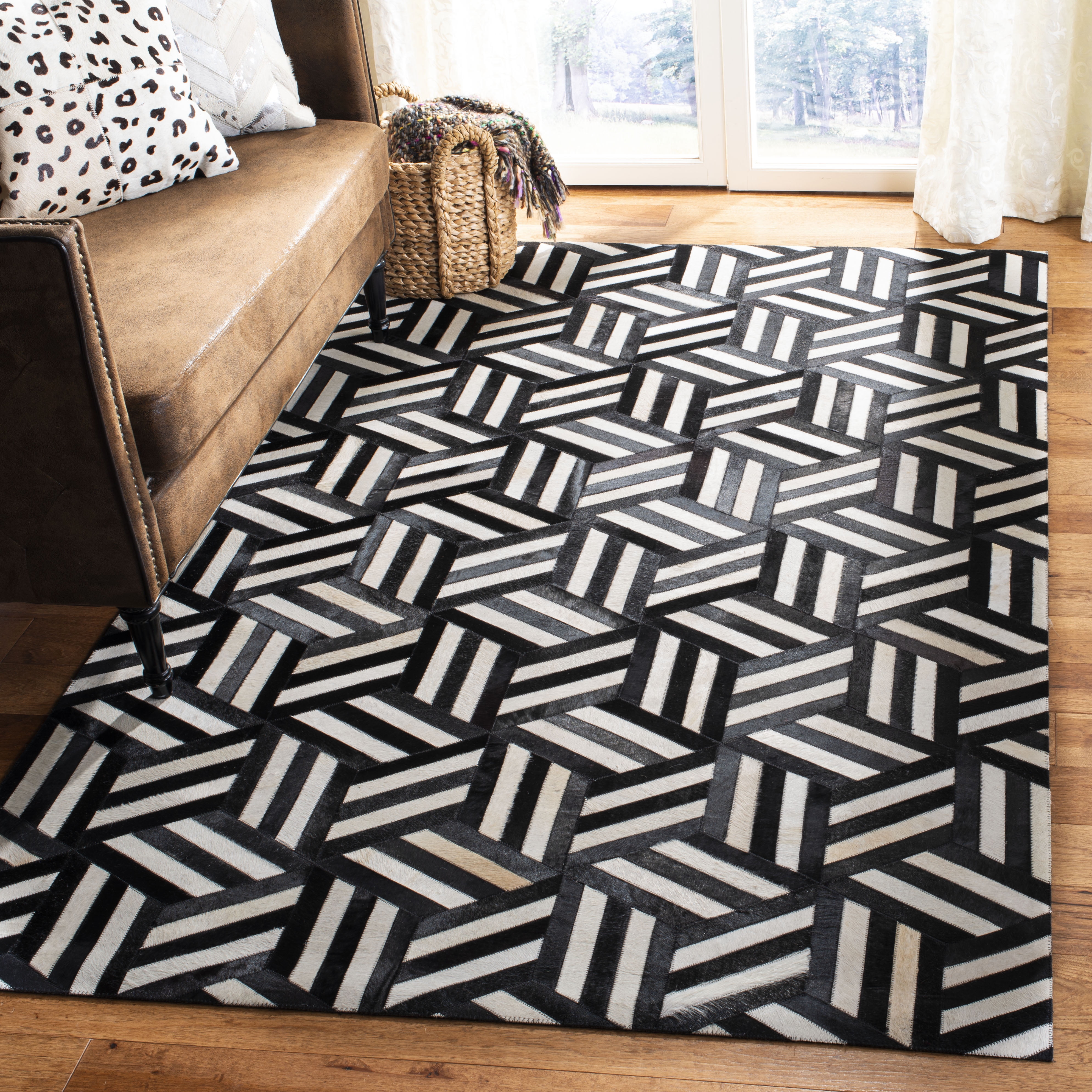 Ivory and Black Hand-Knotted Geometric Cowhide Area Rug