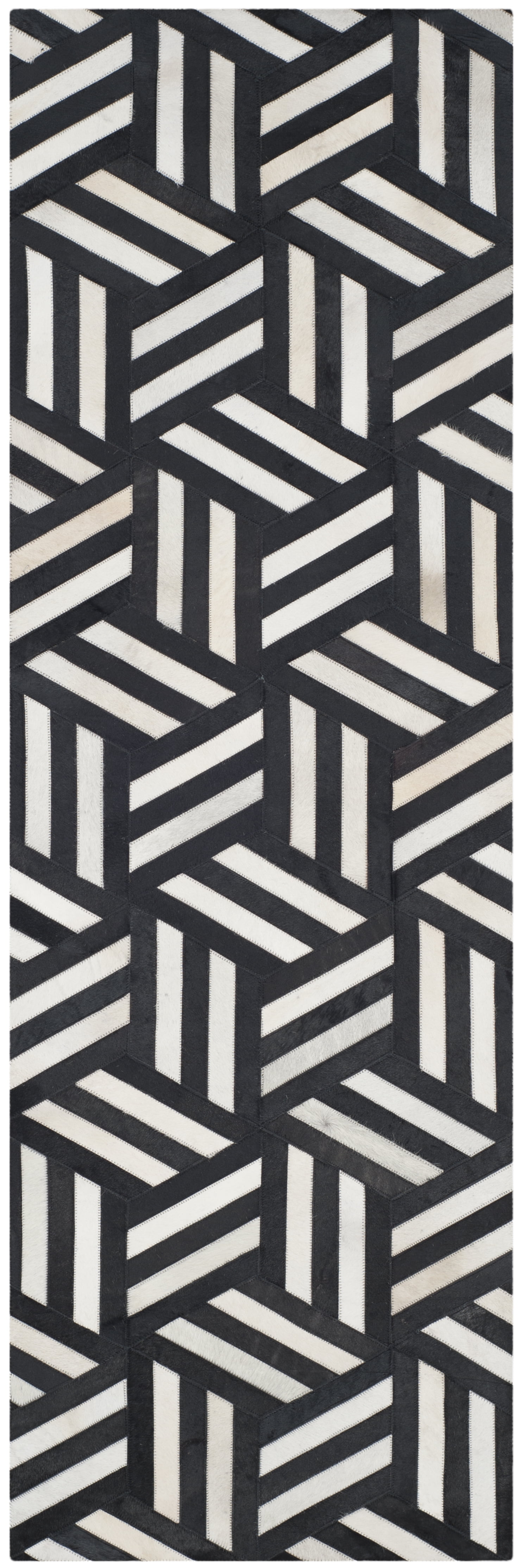 Hand-Knotted Black and Ivory Geometric Wool Runner Rug