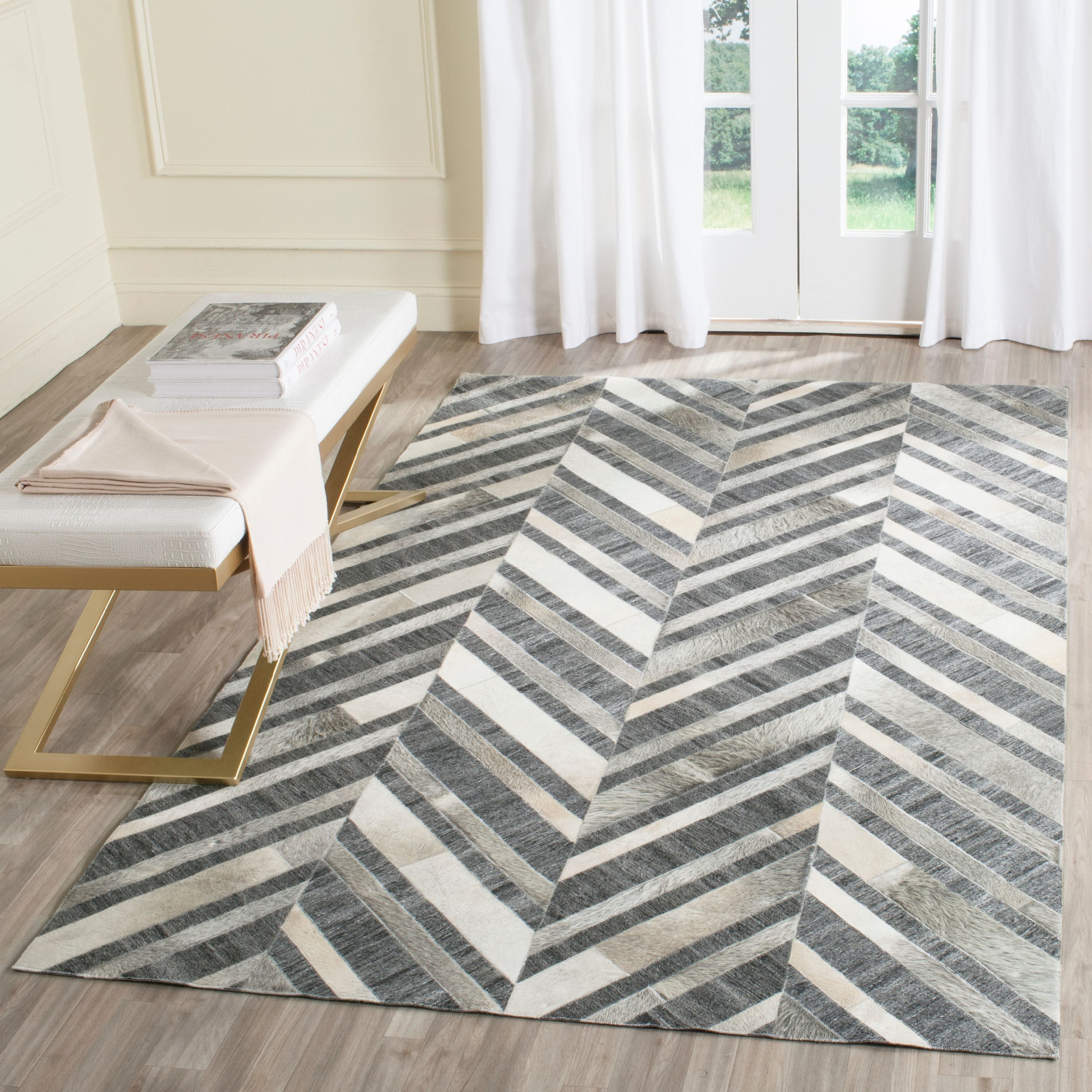 Ivory and Dark Grey Hand-Knotted Geometric Cowhide Rug