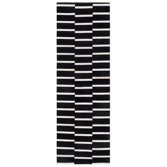 SAFAVIEH Studio Leather Elvin Striped Runner Rug, Black/Beige, 2'3" x 7'