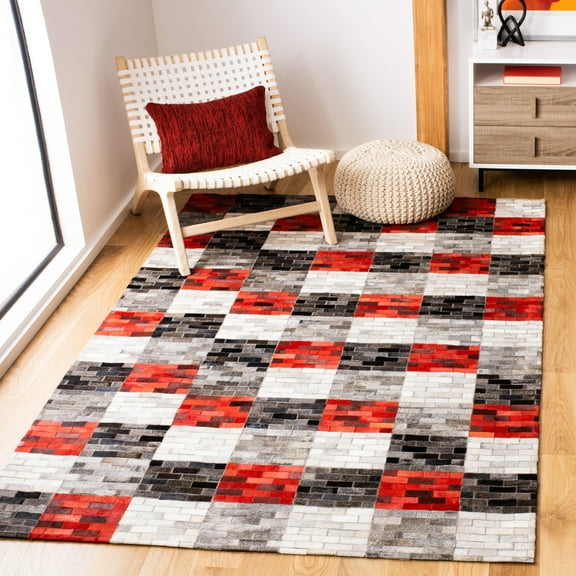 SAFAVIEH Studio Leather Harland Geometric Area Rug, Grey/Red, 5' x 8'