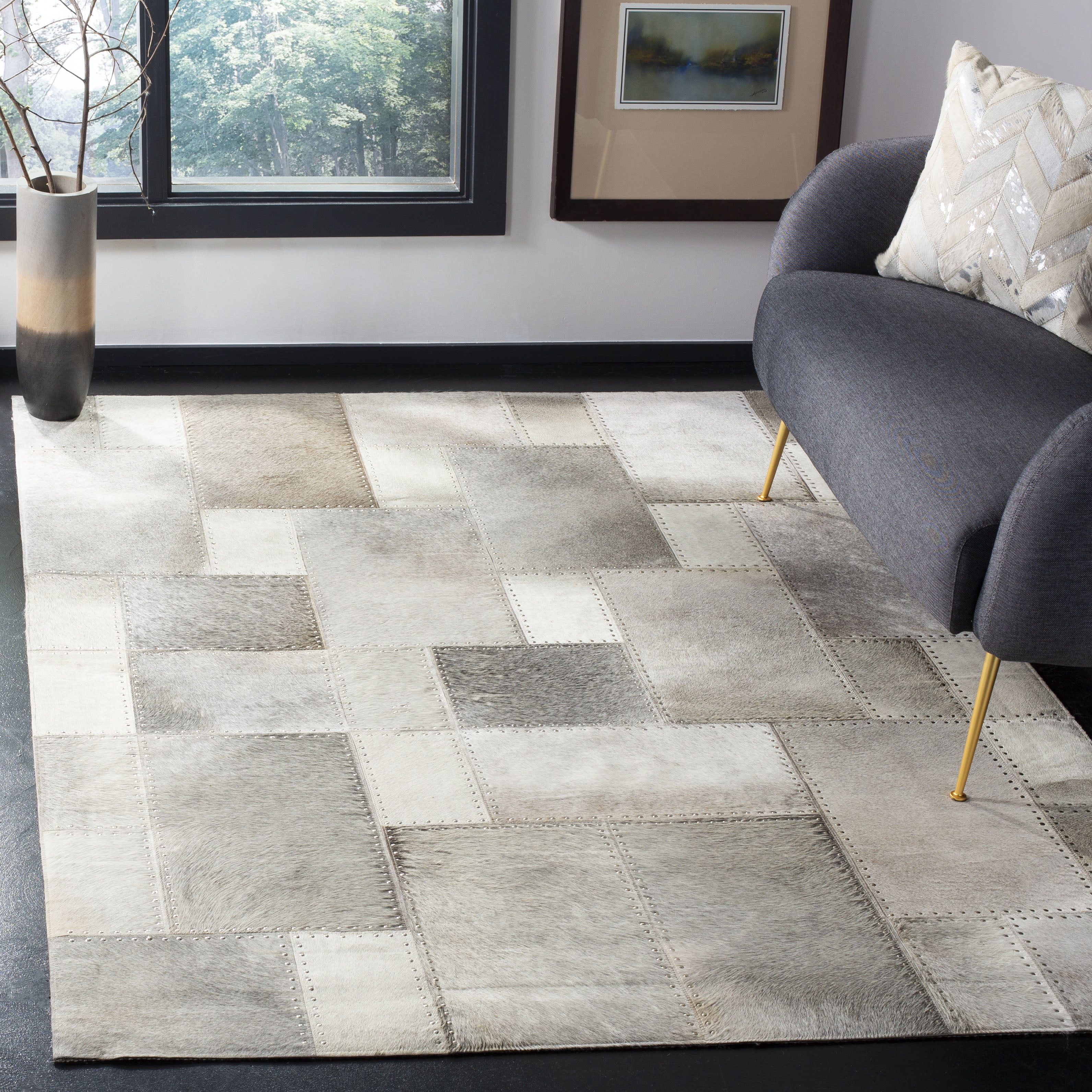 Gray Cowhide Hand-Knotted Geometric Square Area Rug