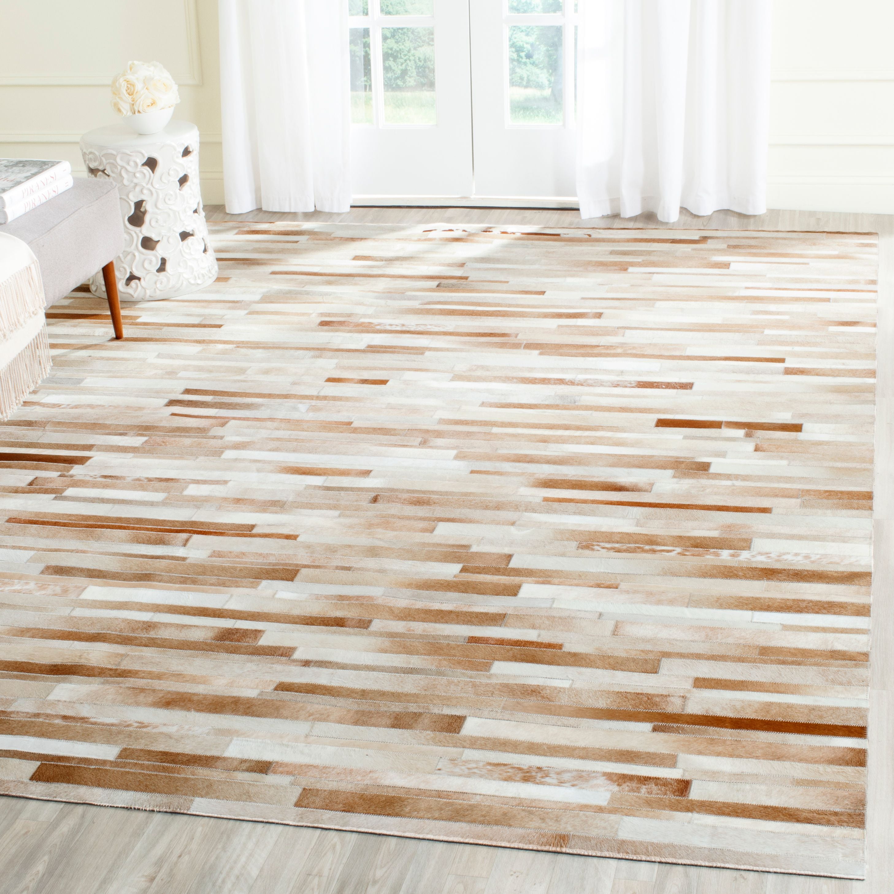 Ivory Geometric Hand-Stitched Cowhide 8' x 10' Area Rug