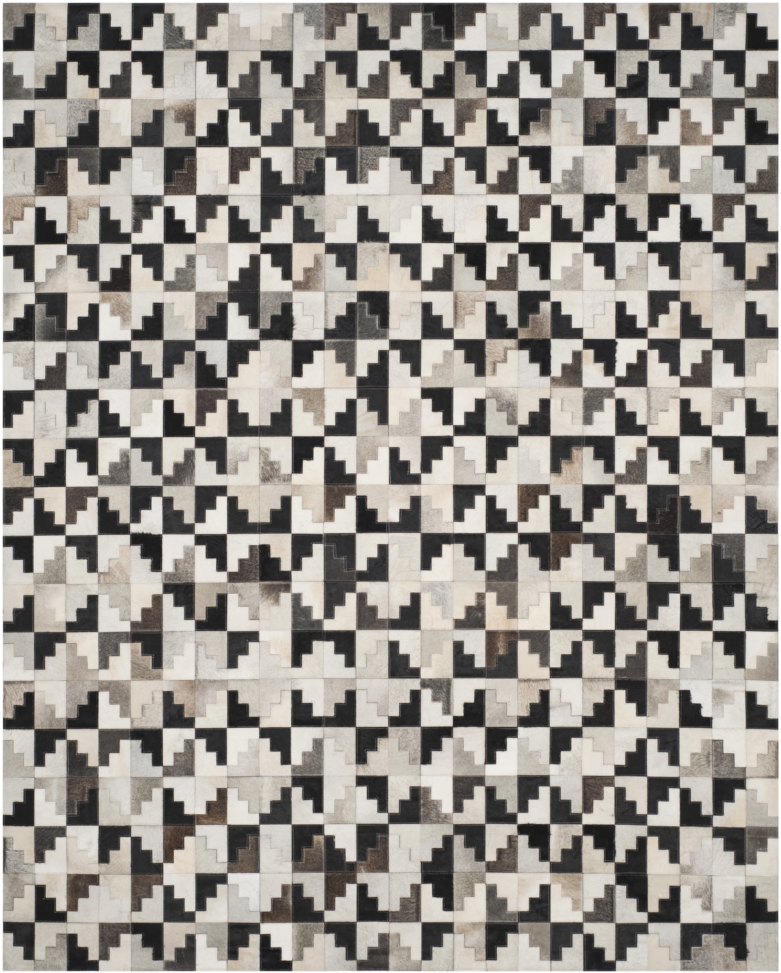 Ivory and Black Geometric Cowhide Patchwork Area Rug 8' x 10'