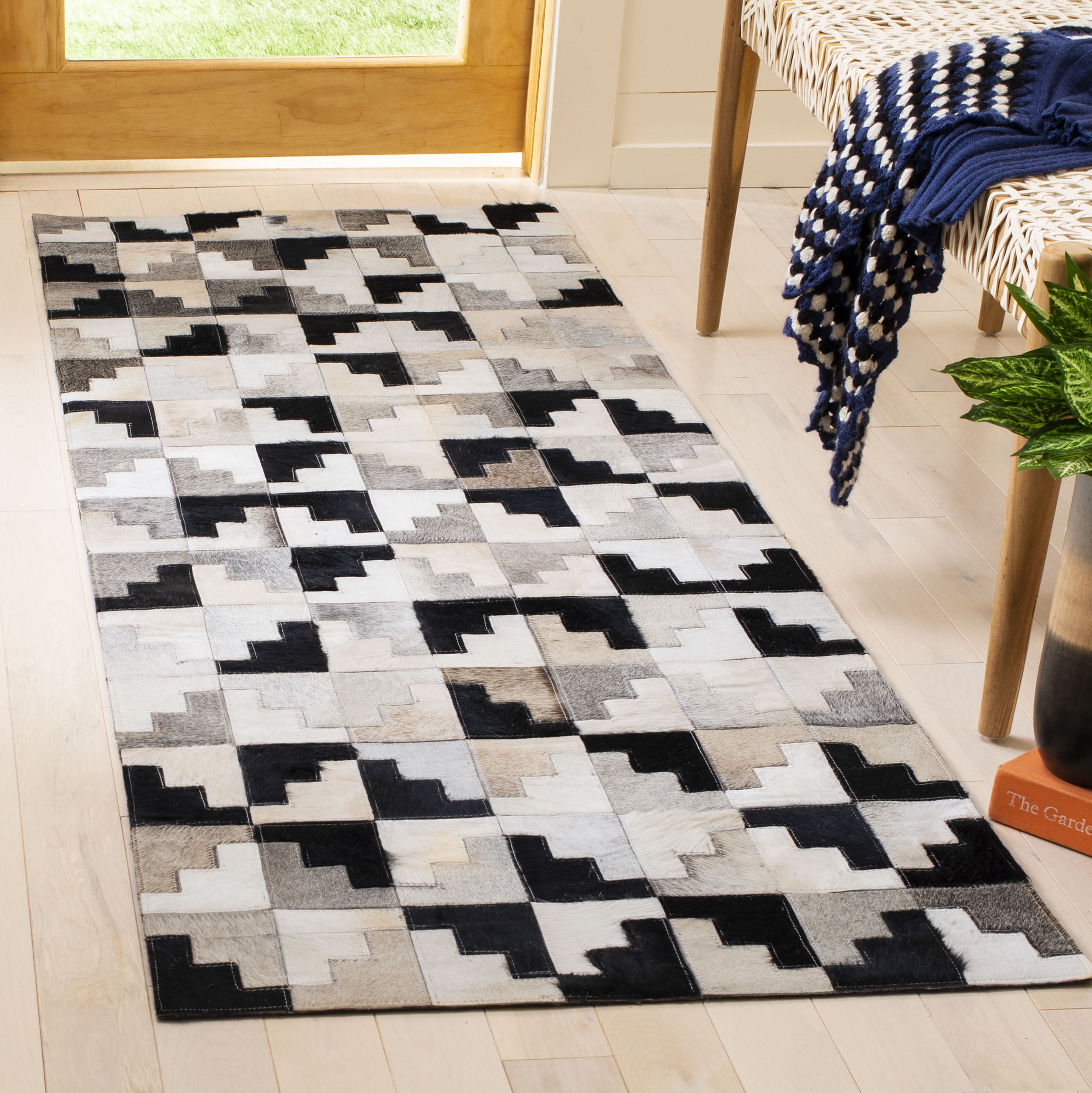 Geometric Black Cowhide Hand-Knotted Area Rug
