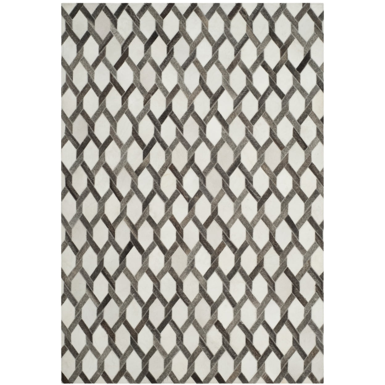 Ivory and Gray Hand-Knotted Geometric Cowhide Area Rug