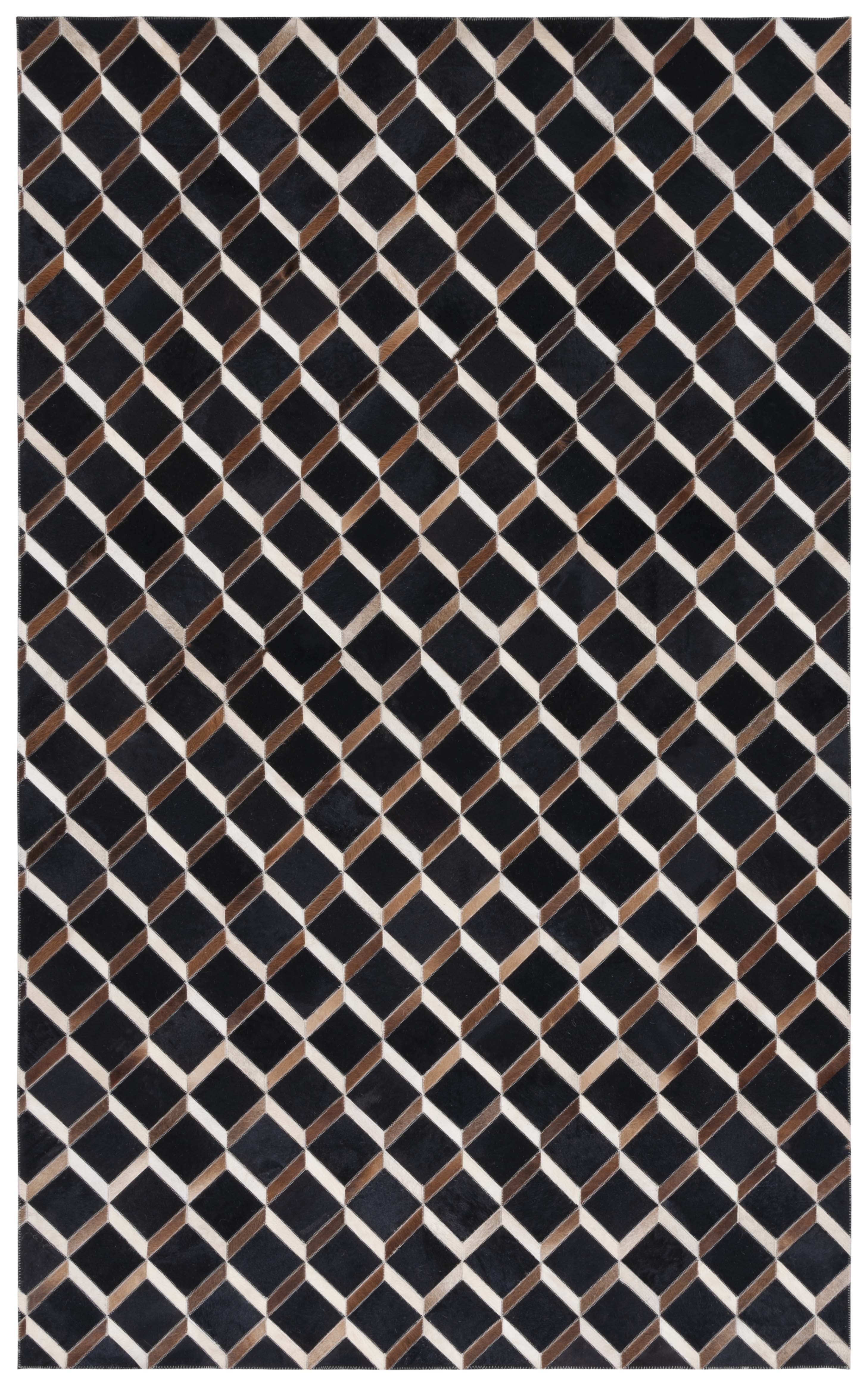 Handmade Black Geometric Wool and Cowhide Rug, 4' x 6'