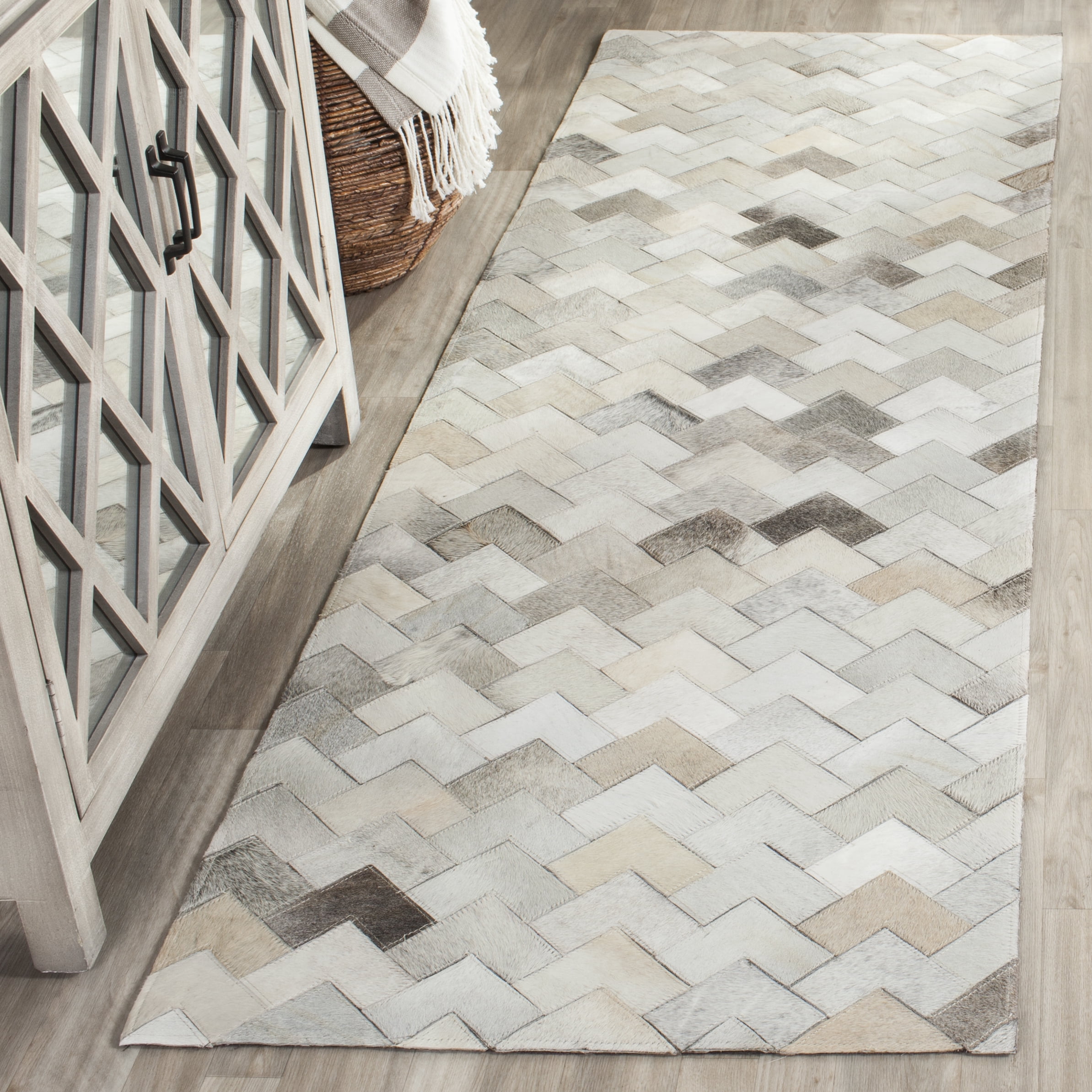 Handmade Gray Geometric Cowhide Runner Rug 27" x 7'