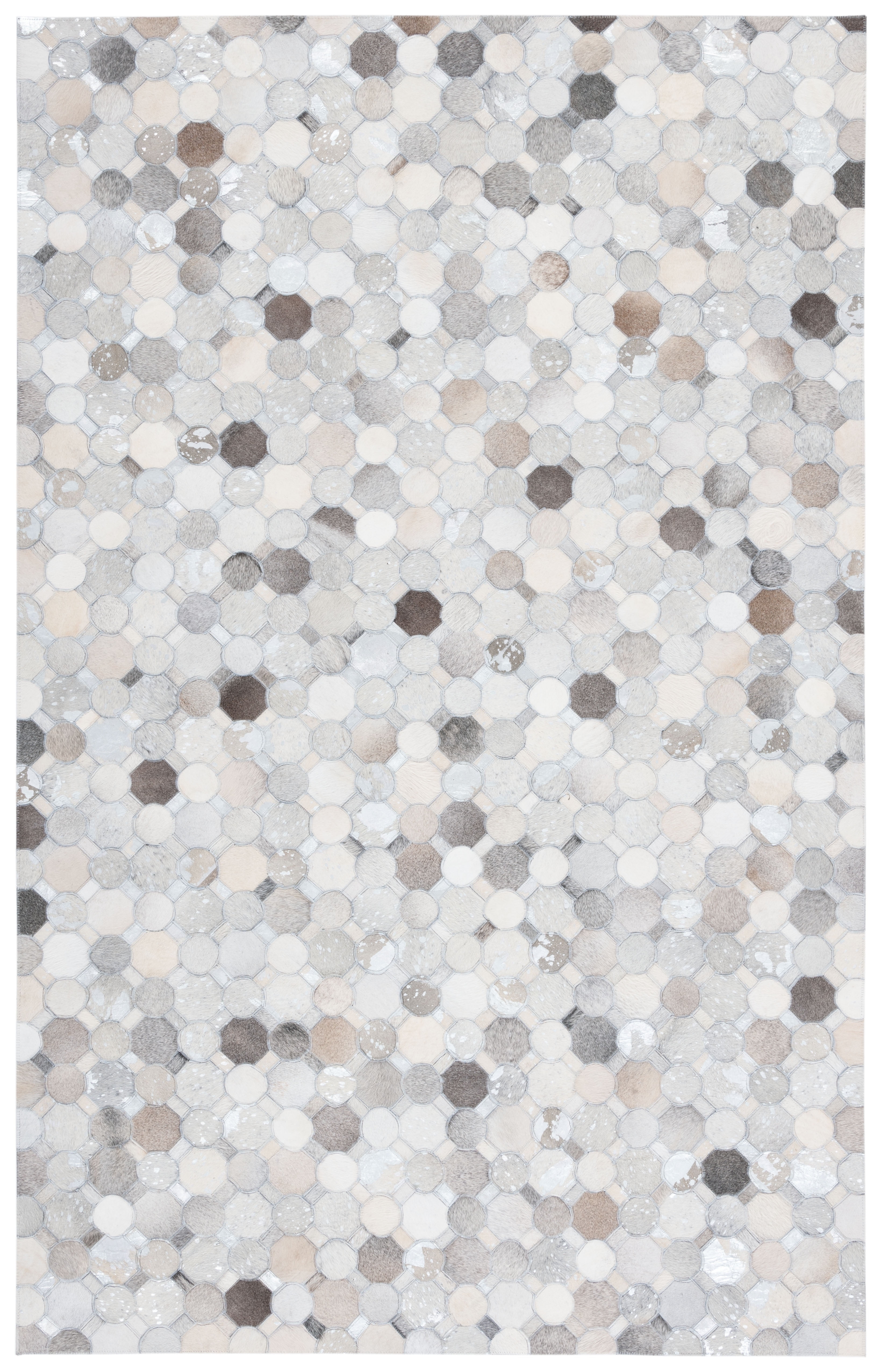 Ivory and Gray Geometric Cowhide Flatweave Rug, 4' x 6'