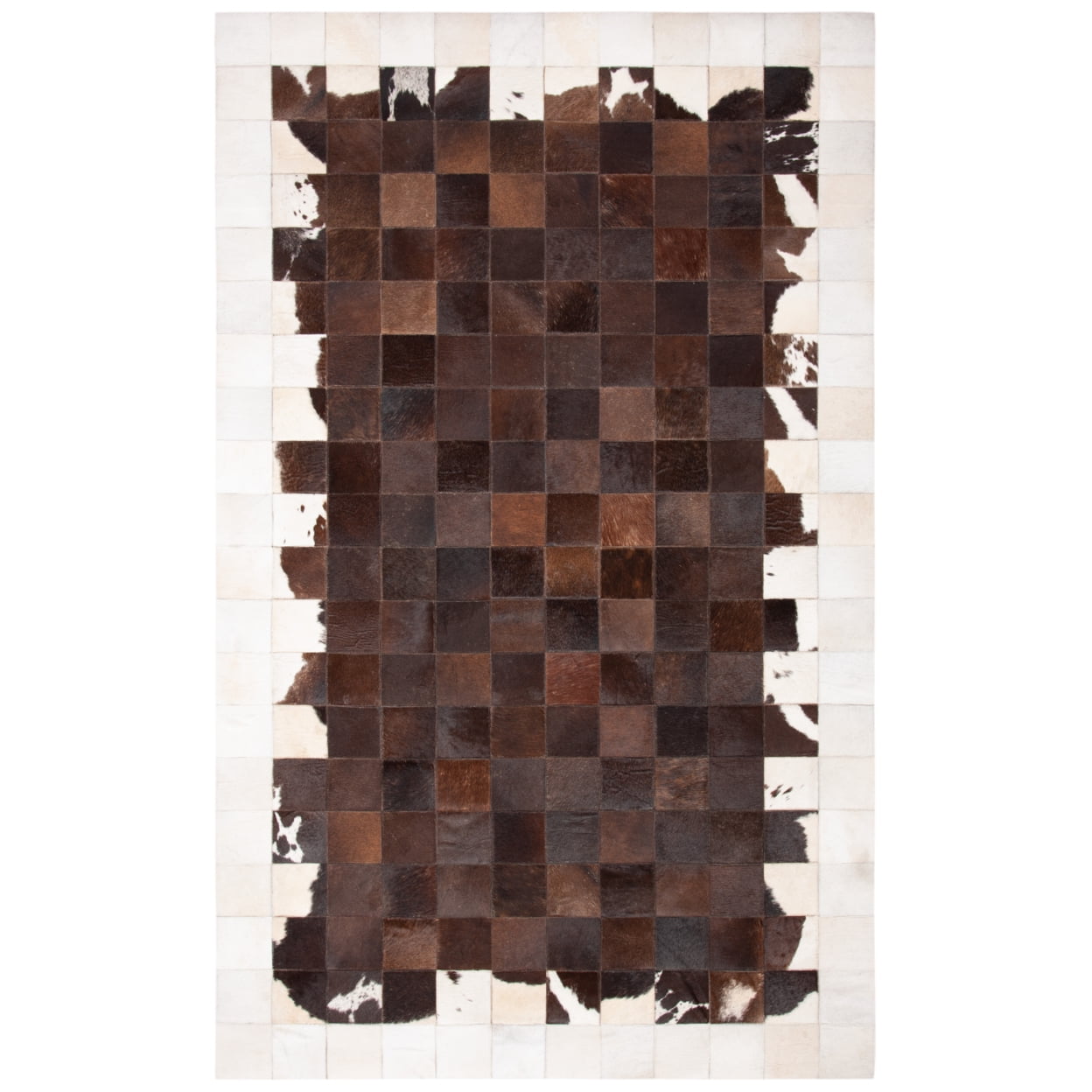 Ivory and Brown Hand-Knotted Geometric Cowhide Rug, 8' x 10'