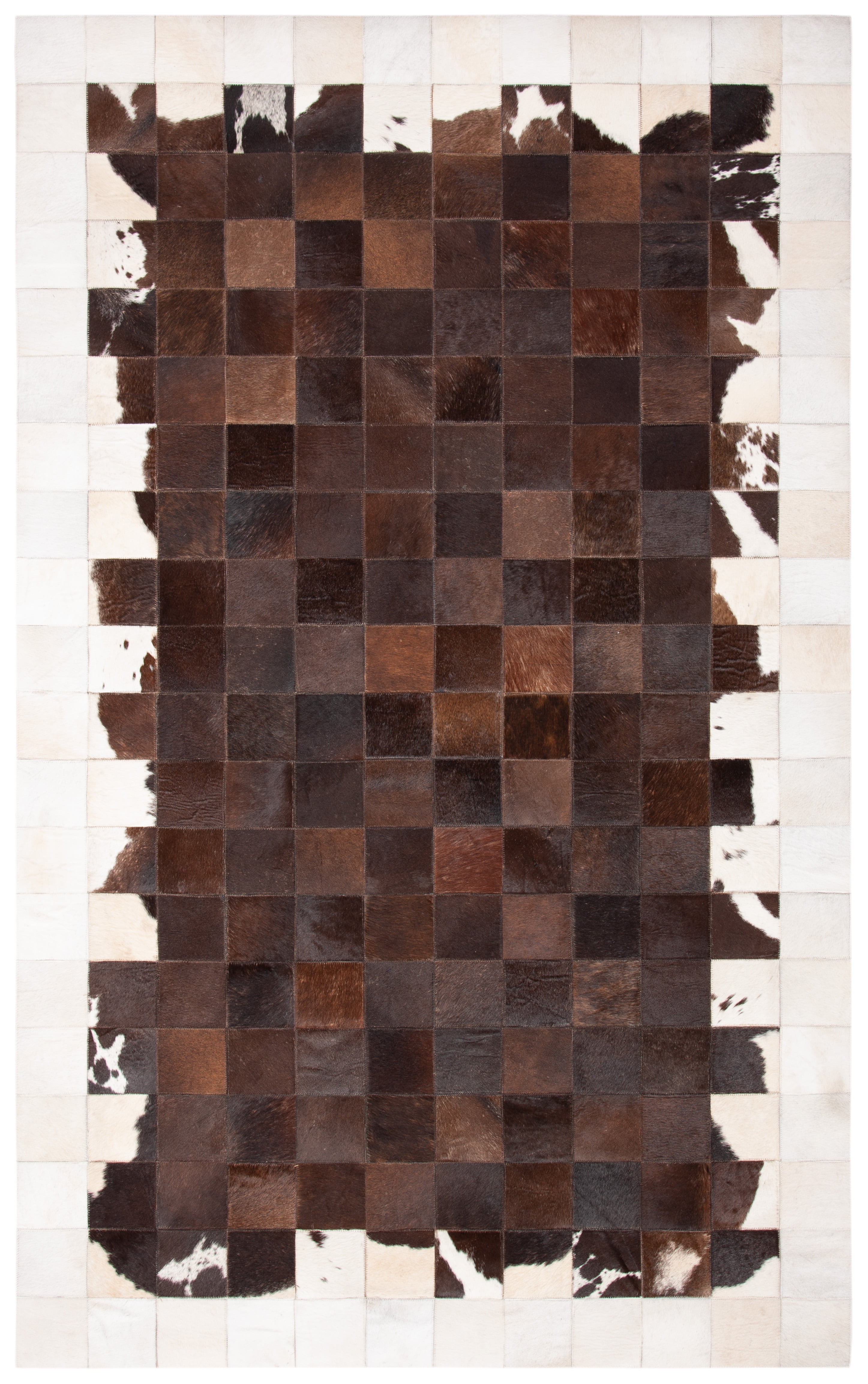 Ivory and Brown Hand-Knotted Geometric Cowhide Rug, 8' x 10'