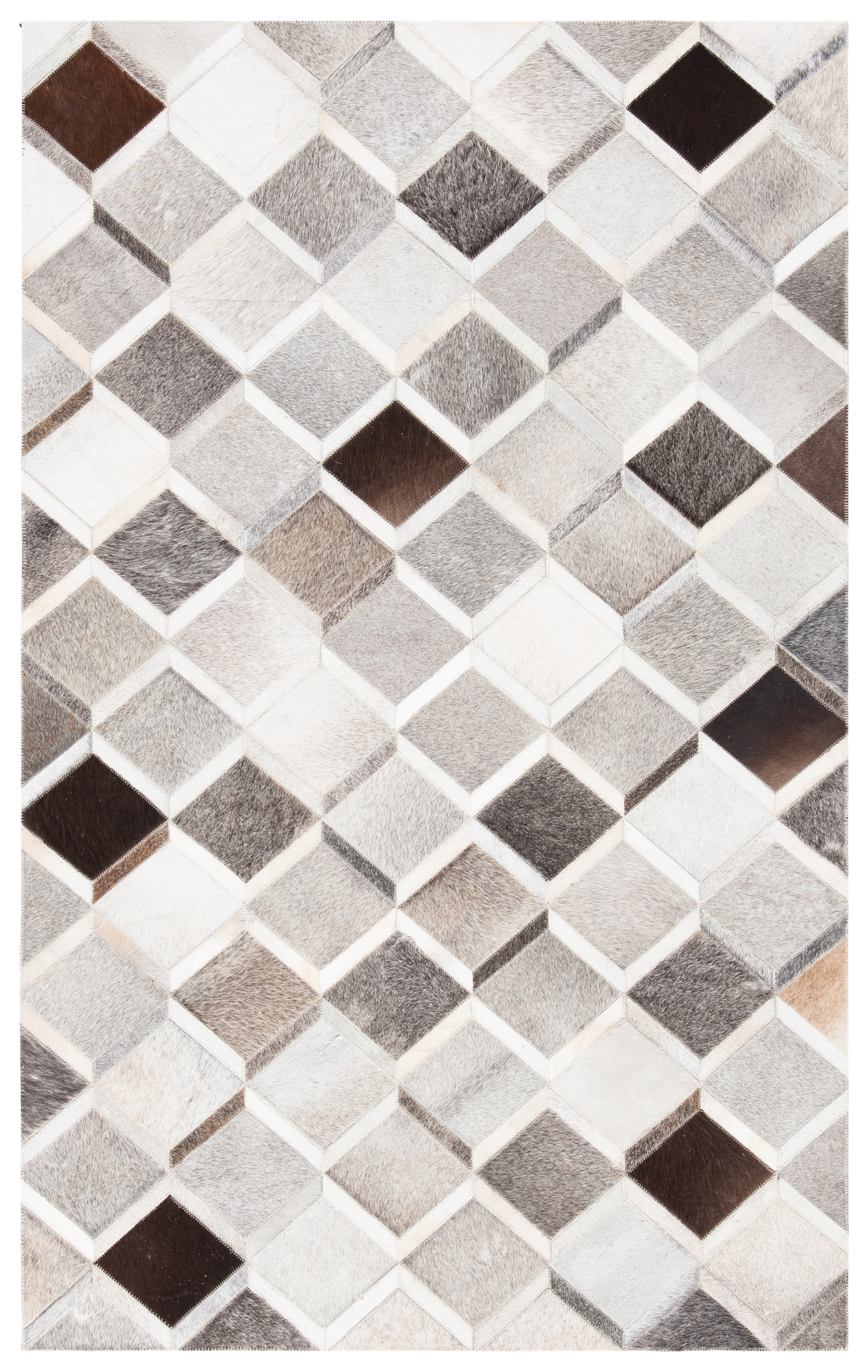 Ivory and Grey Geometric Hand-Knotted Cowhide Area Rug
