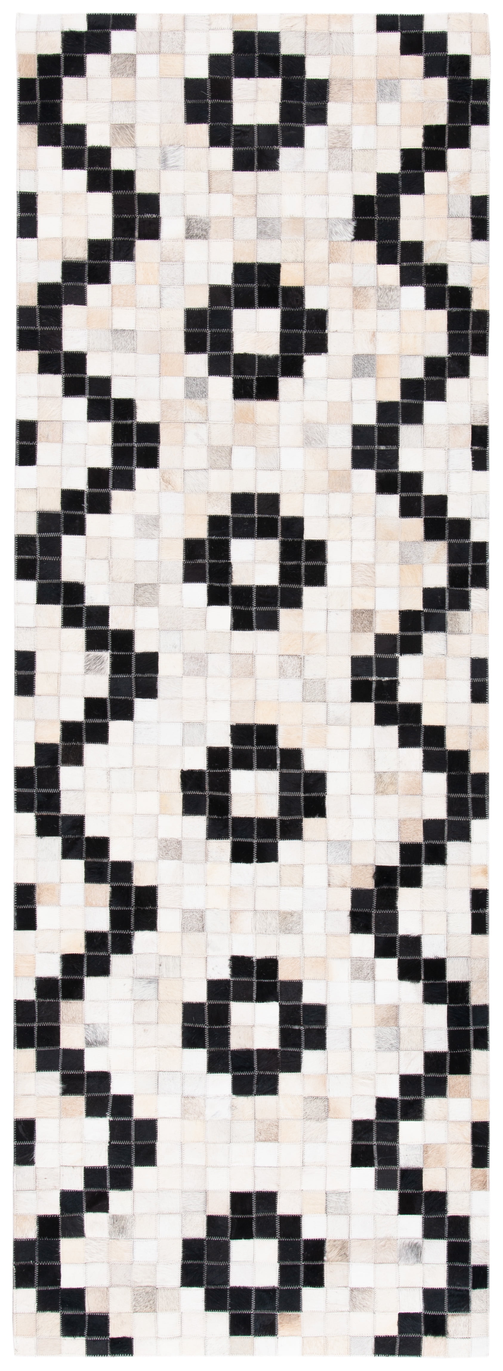 Hand-Knotted Black and Ivory Geometric Cowhide Runner Rug