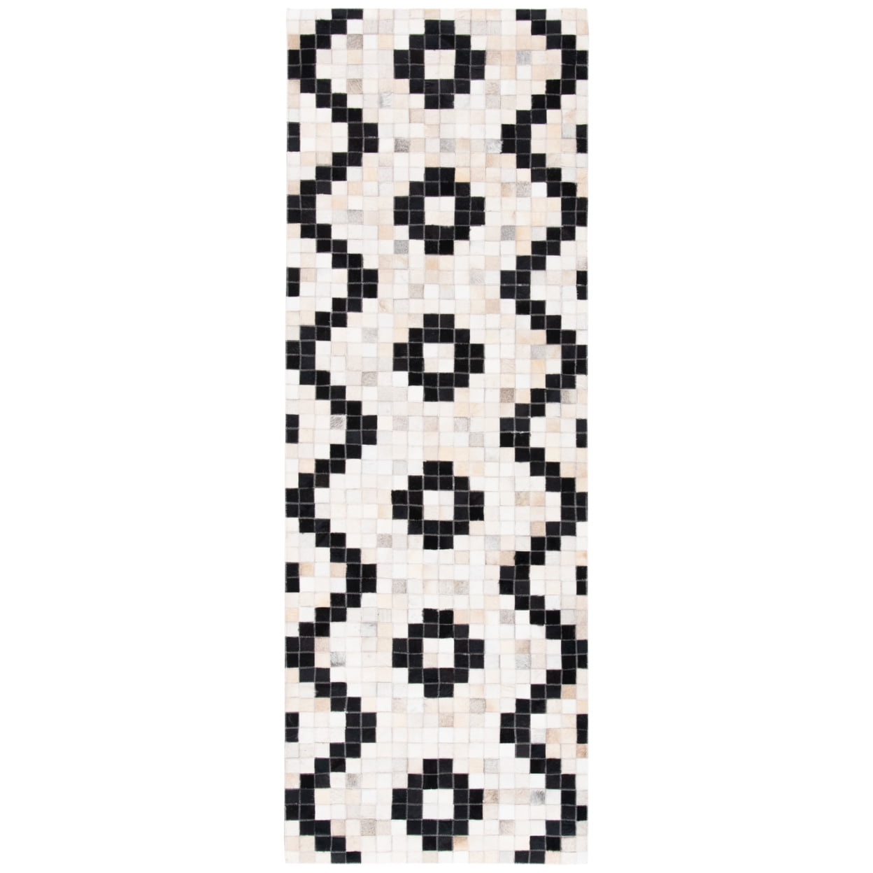 Hand-Knotted Black and Ivory Geometric Cowhide Runner Rug