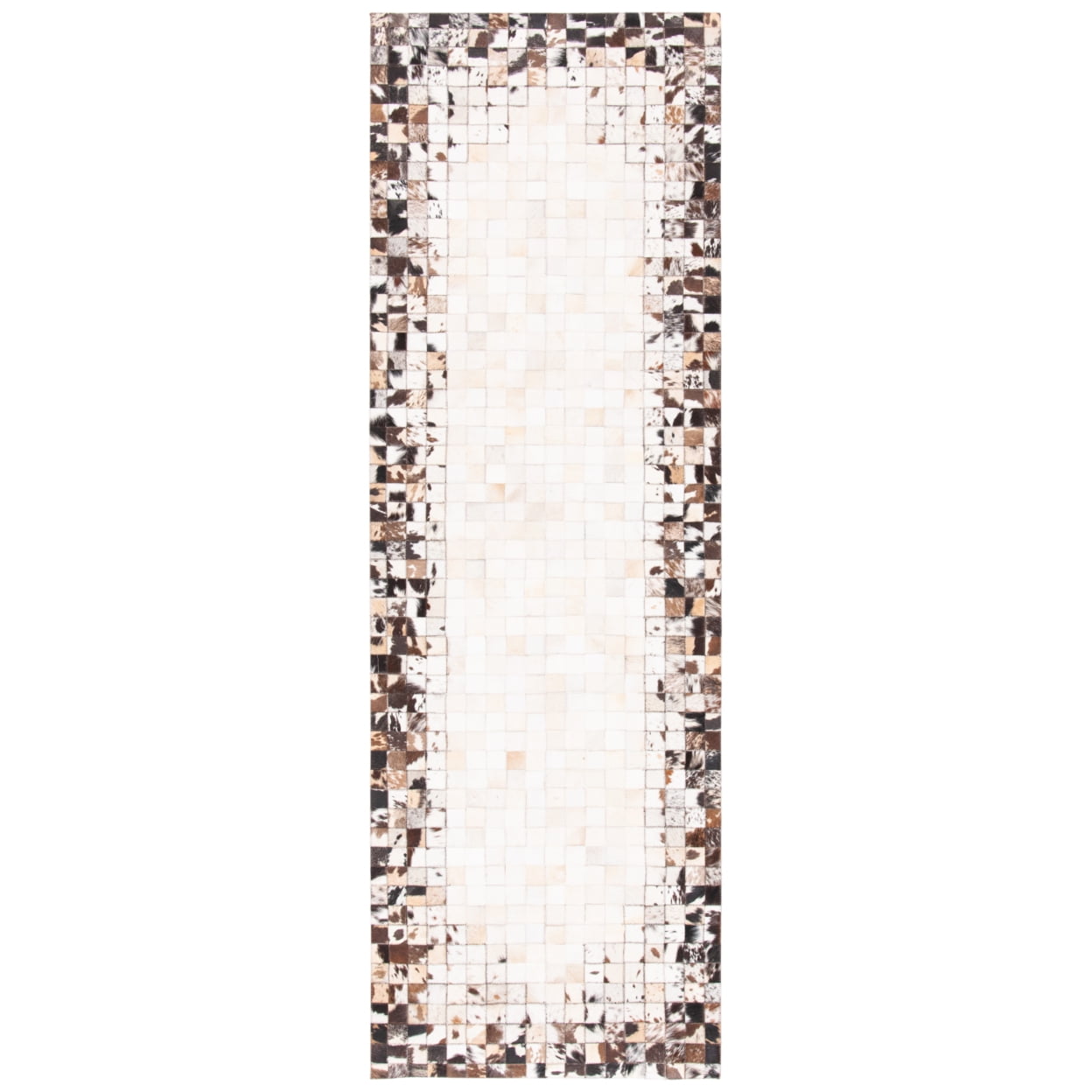 Hand-Stitched Beige & Brown Geometric Cowhide Runner Rug - 2'3" x 7'