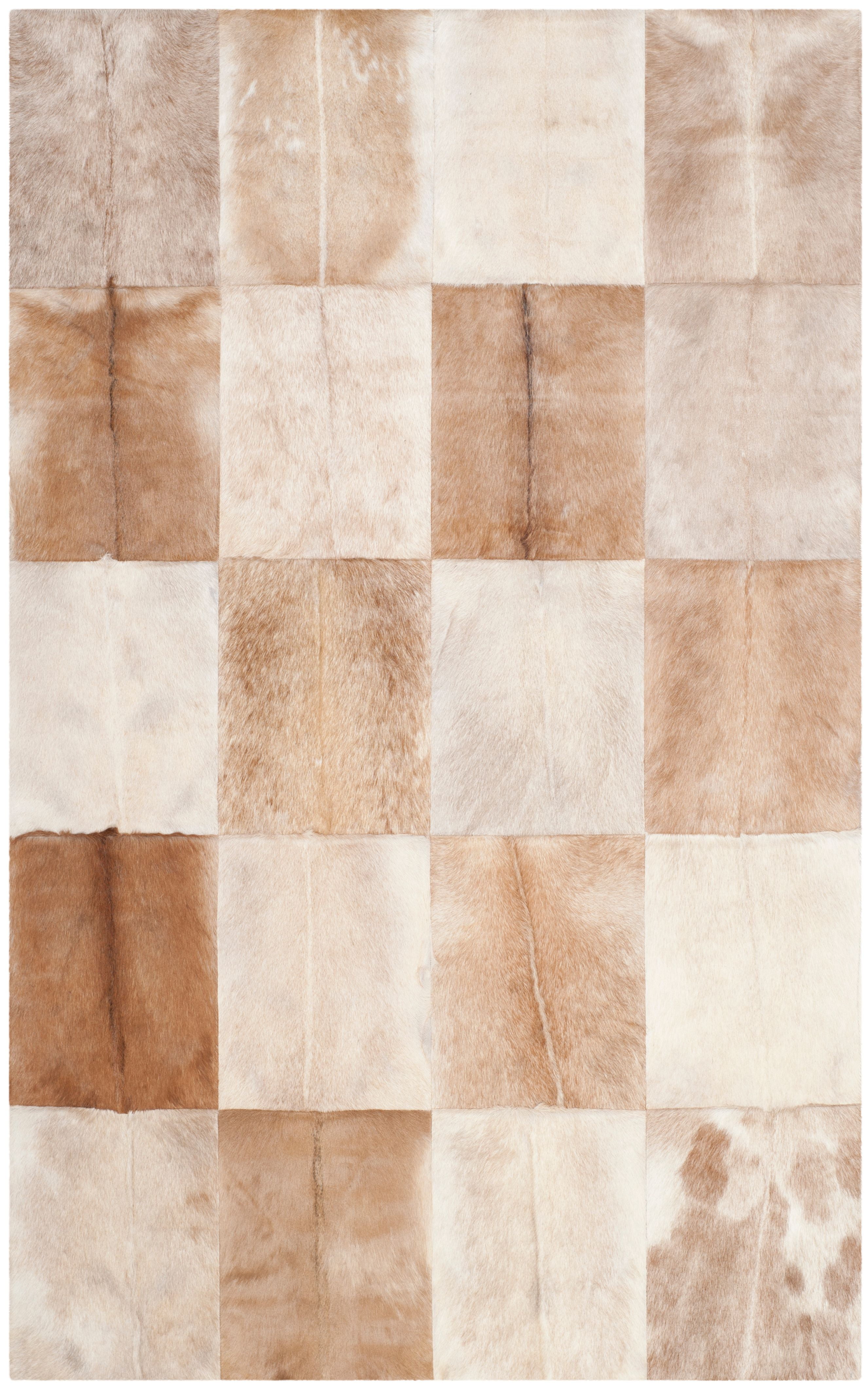 Beige and Brown Hand-Knotted Geometric Cowhide Rug