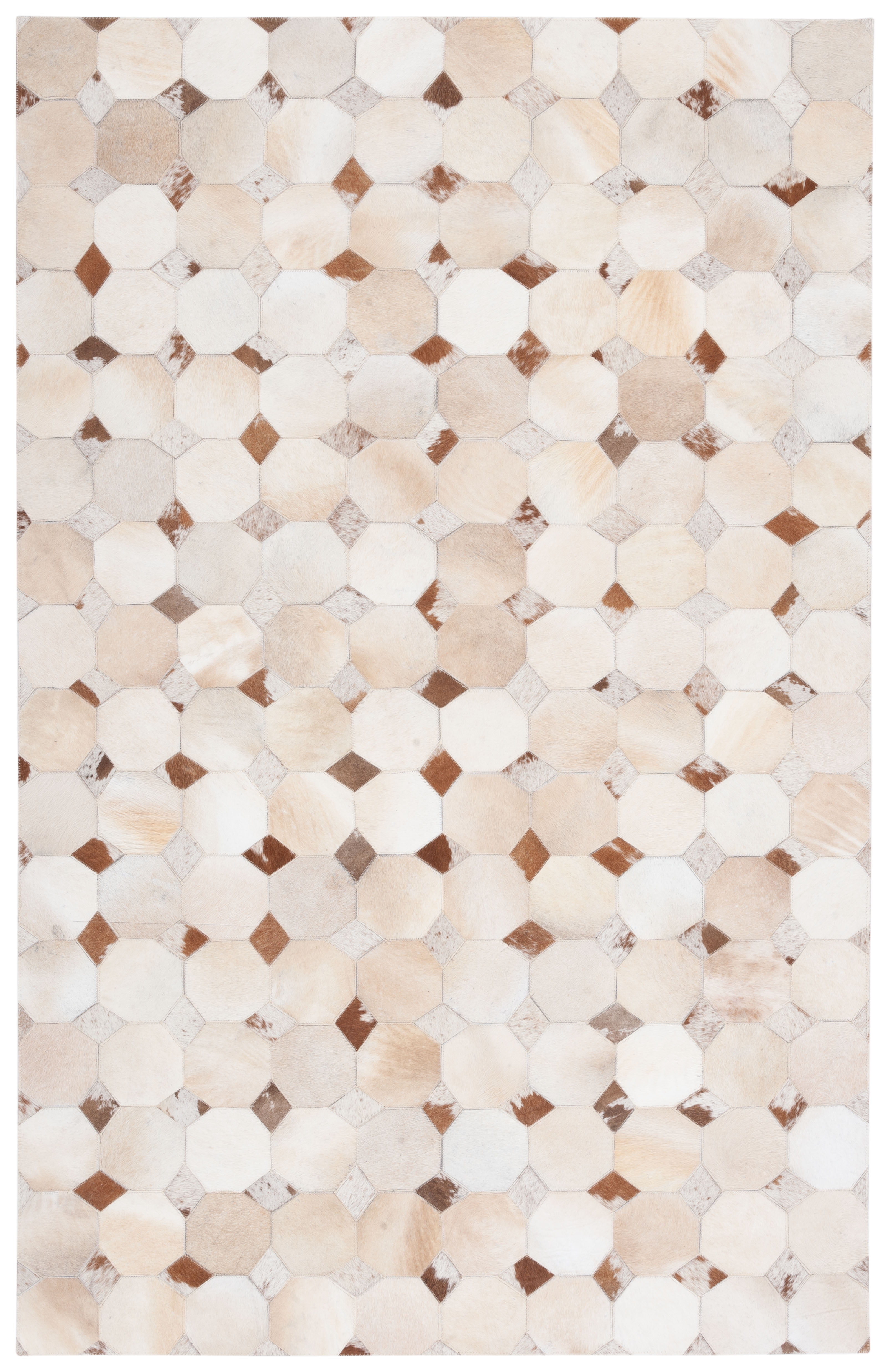 Ivory Geometric Hand-Stitched Cowhide Fur Rug 5' x 8'