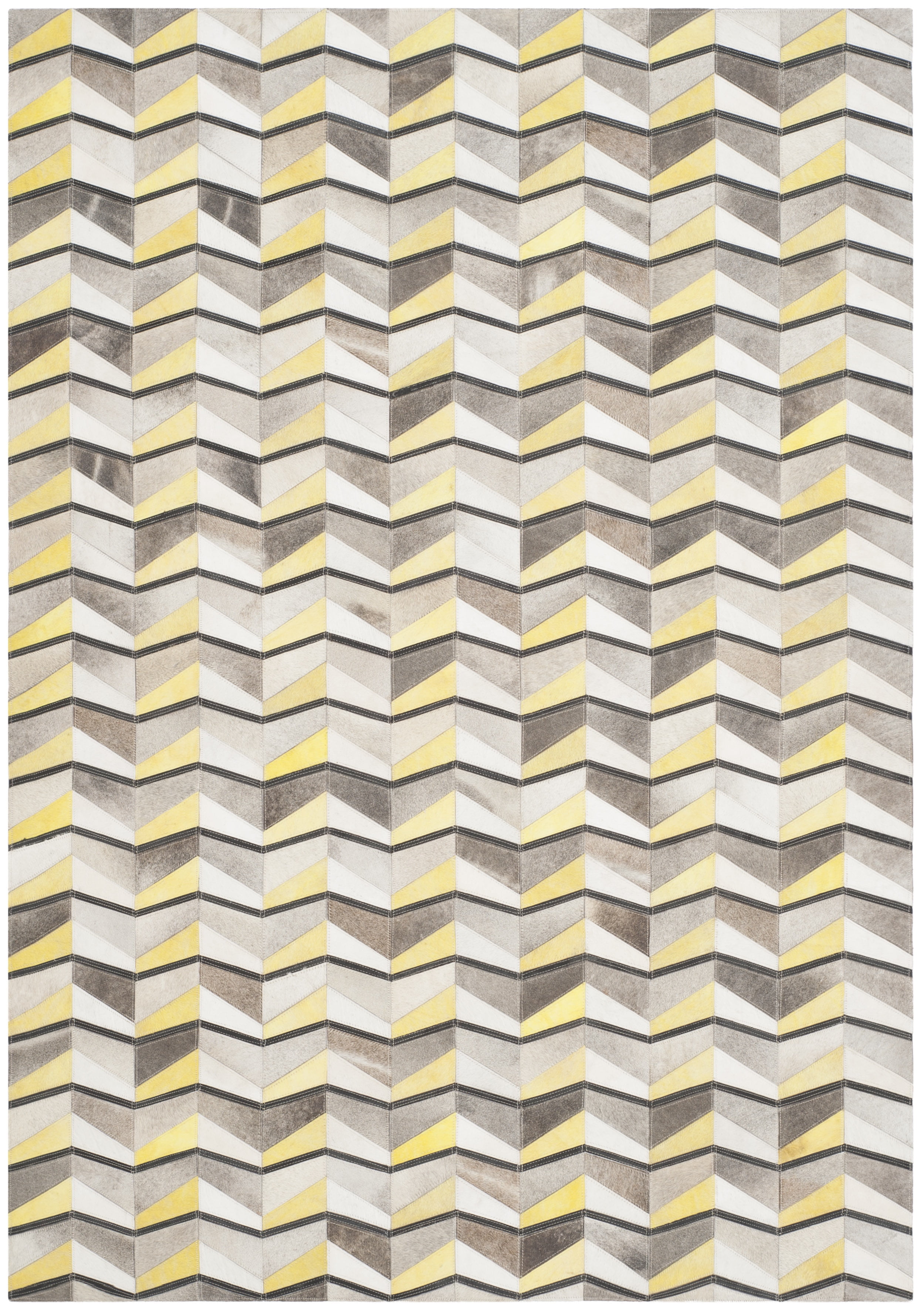 Ivory and Yellow Hand-Knotted Geometric Cowhide Rug, 5' x 8'