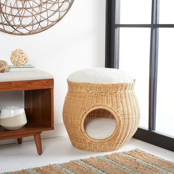 SAFAVIEH Suli Regular Covered Style Cat Bed with Cushion, Natural Honey/White