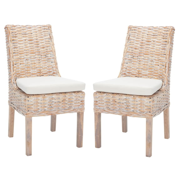 SAFAVIEH Suncoast Classic Rattan Solid Dining Parsons Chair, Natural/White Wash (Set of 2)