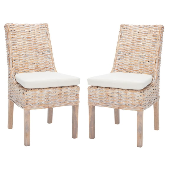 SAFAVIEH Suncoast Classic Rattan Solid Dining Parsons Chair, Natural/White Wash (Set of 2)