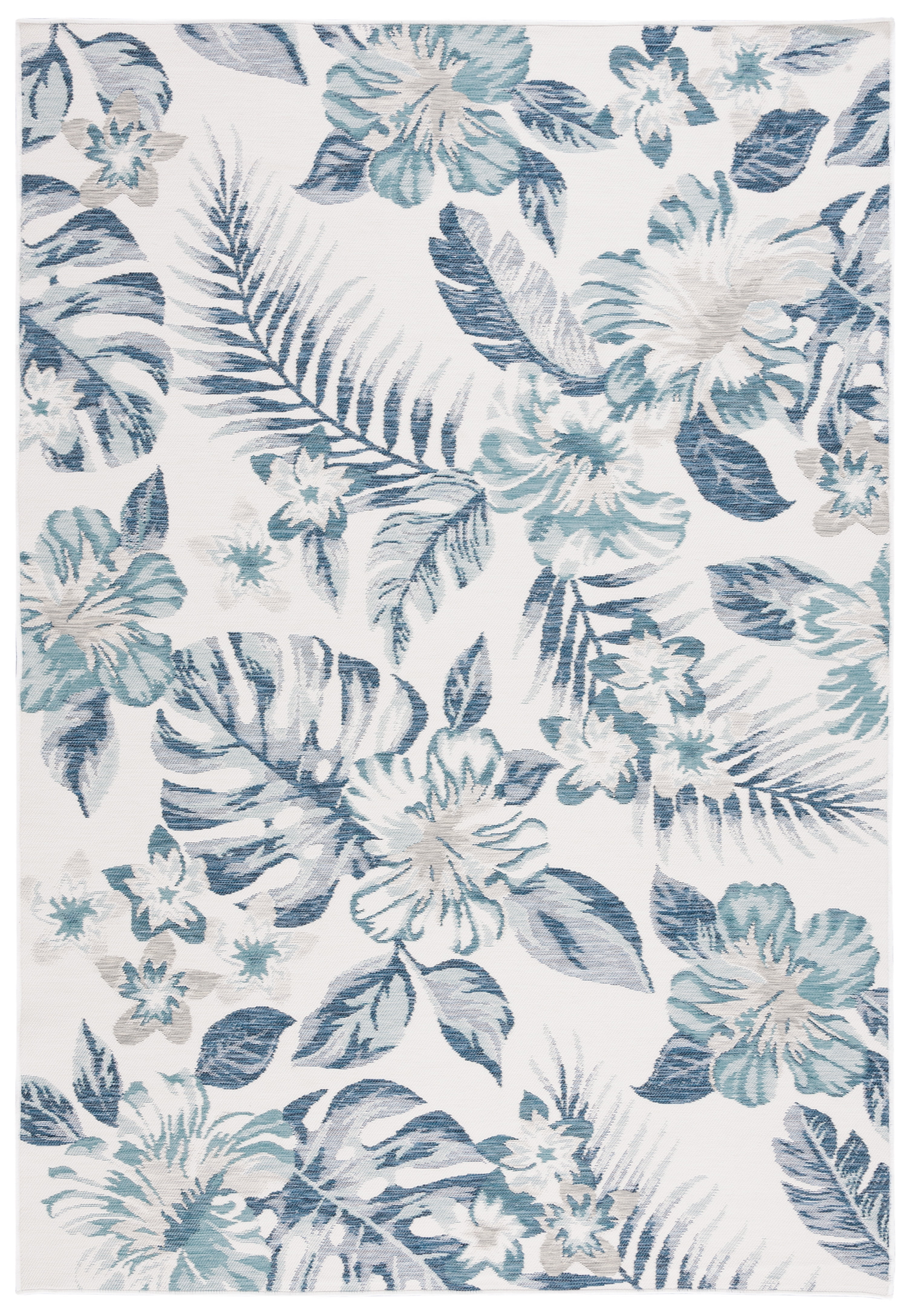 SAFAVIEH Sunrise Cole Floral Reversible Indoor/Outdoor Area Rug, Ivory/Blue Grey, 4' x 5'7"