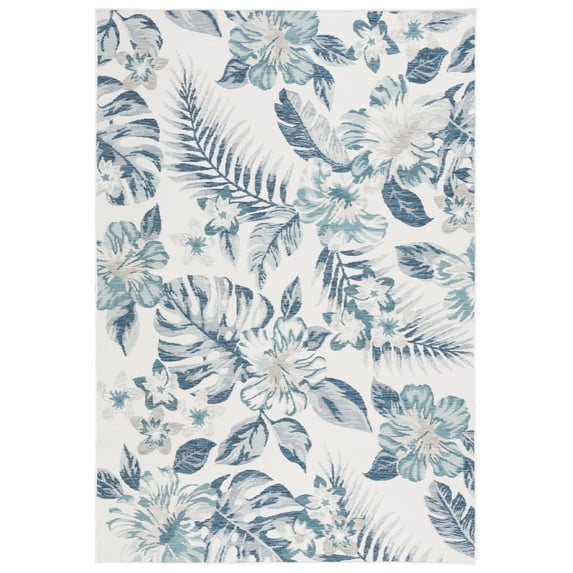SAFAVIEH Sunrise Cole Floral Reversible Indoor/Outdoor Area Rug, Ivory/Blue Grey, 5'3" x 7'7"