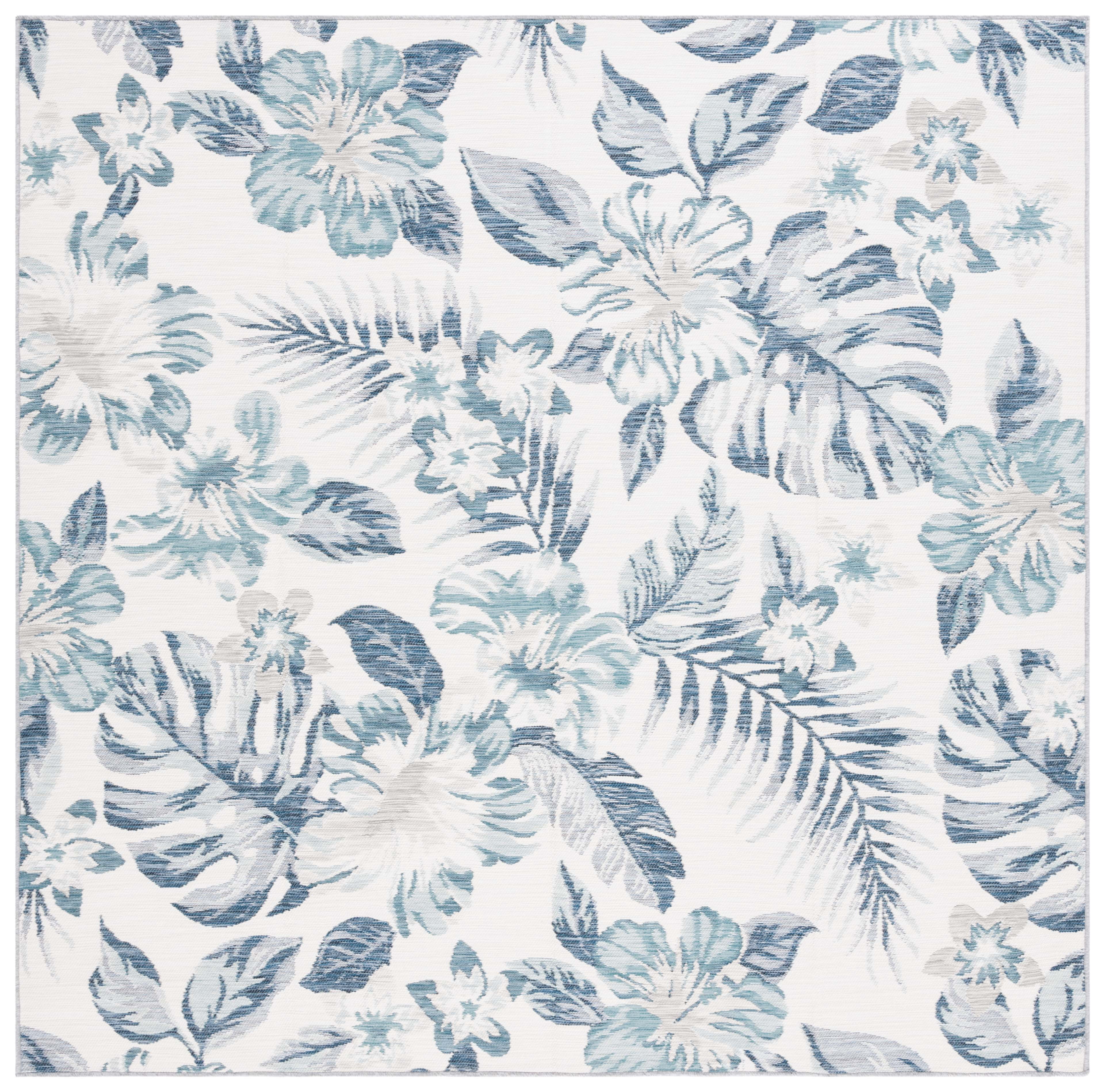 SAFAVIEH Sunrise Cole Floral Reversible Indoor/Outdoor Area Rug, Ivory/Blue Grey, 6'7" x 6'7" Square