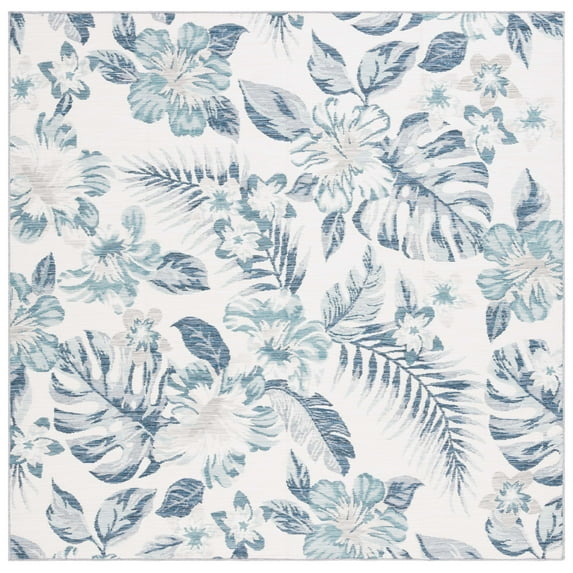 SAFAVIEH Sunrise Cole Floral Reversible Indoor/Outdoor Area Rug, Ivory/Blue Grey, 6'7" x 6'7" Square