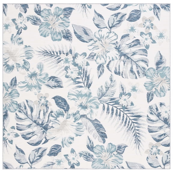 SAFAVIEH Sunrise Cole Floral Reversible Indoor/Outdoor Area Rug, Ivory/Blue Grey, 6'7" x 6'7" Square